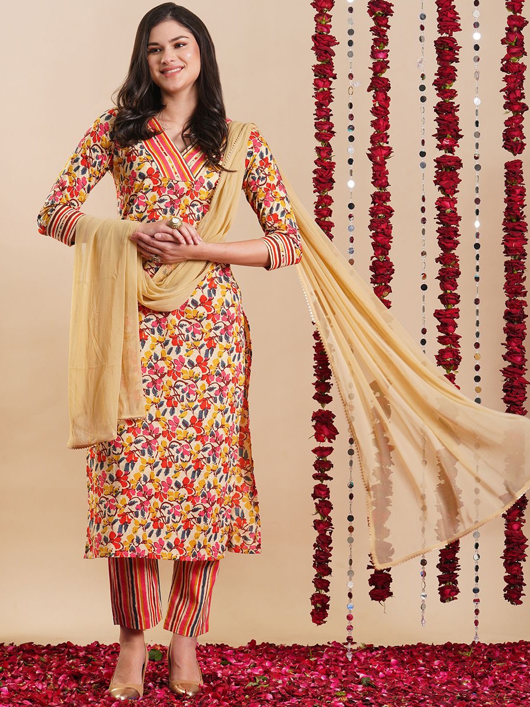 

KALINI Floral Printed Straight Kurta with Trousers & Dupatta, White