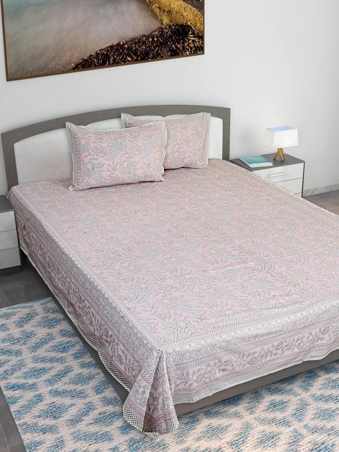 

Texstylers Off White Floral Printed 210 TC Cotton Double King Bedsheet Set