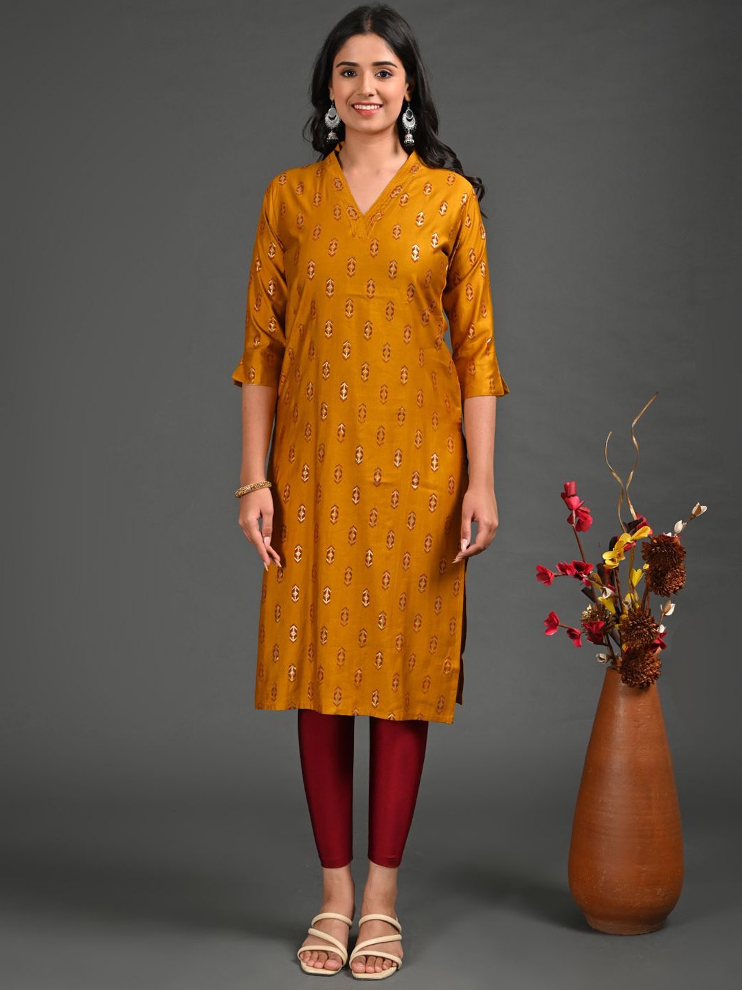 

GOLDSTROMS Ethnic Motifs Woven Design V-Neck Straight Kurta, Mustard