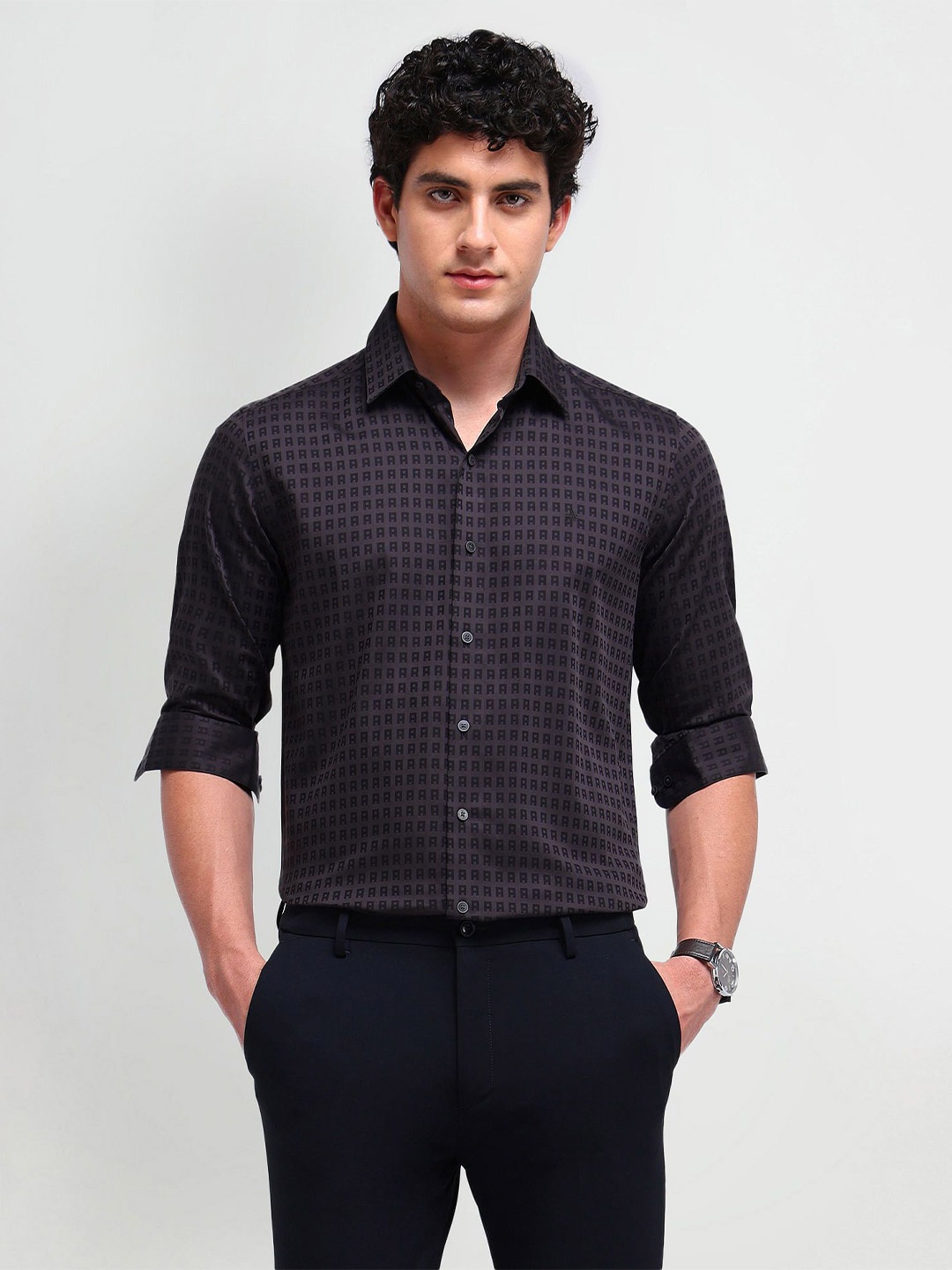 

Arrow New York Men Comfort Spread Collar Abstract Printed Cotton Slim Fit Formal Shirt, Black