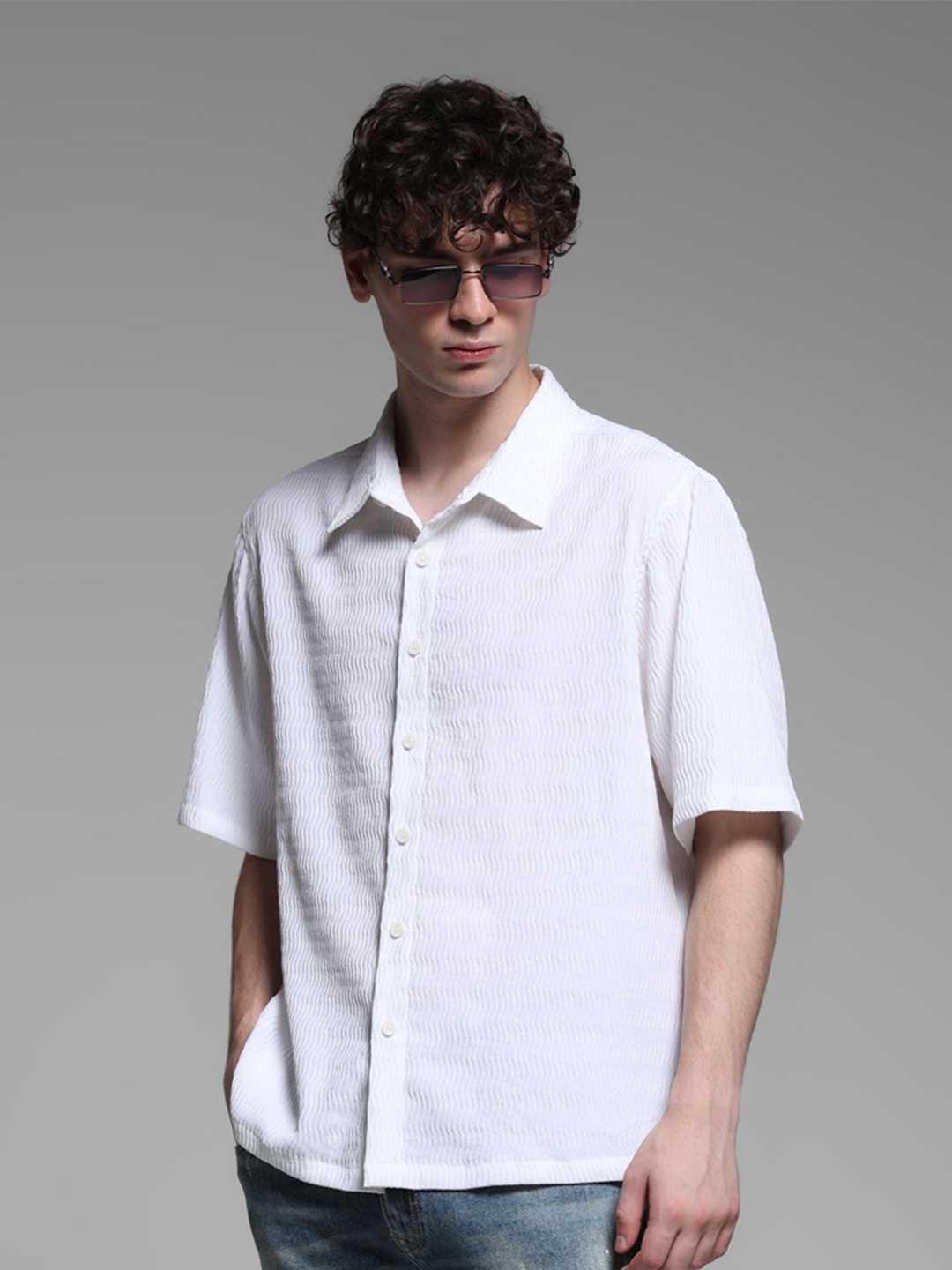 

Jack & Jones Men Spread Collar Textured Cotton Oversized Casual Shirt, White