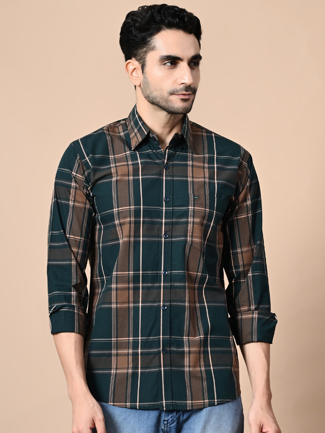 

STARFOX Men Comfort Spread Collar Checked Cotton Formal Shirt, Green