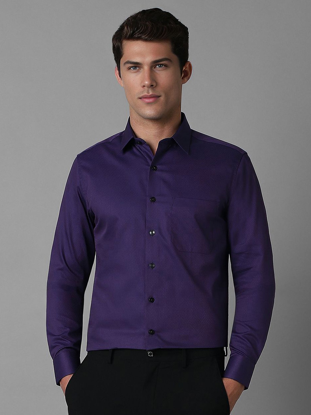 

Louis Philippe Men Spread Collar Solid Cotton Slim Fit Formal Shirt, Purple