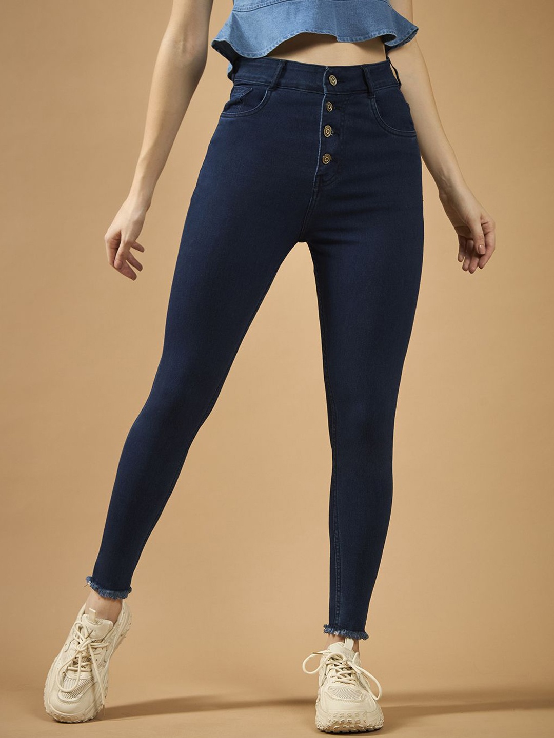 

The Roadster Women Skinny High Rise Solid Fringed Hemline Cropped Stretchable Denim Jeans, Blue