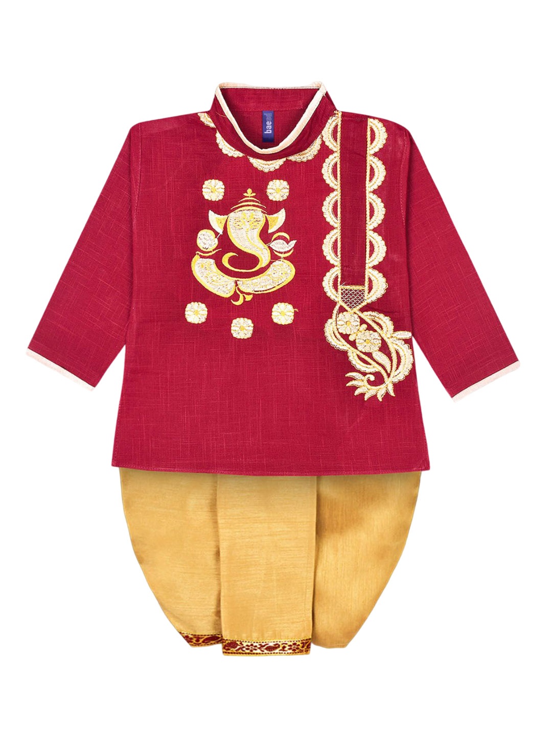 

BAESD Infant Boys Ethnic Motifs Embroidered Thread Work Pure Cotton Kurta with Dhoti Pants, Maroon