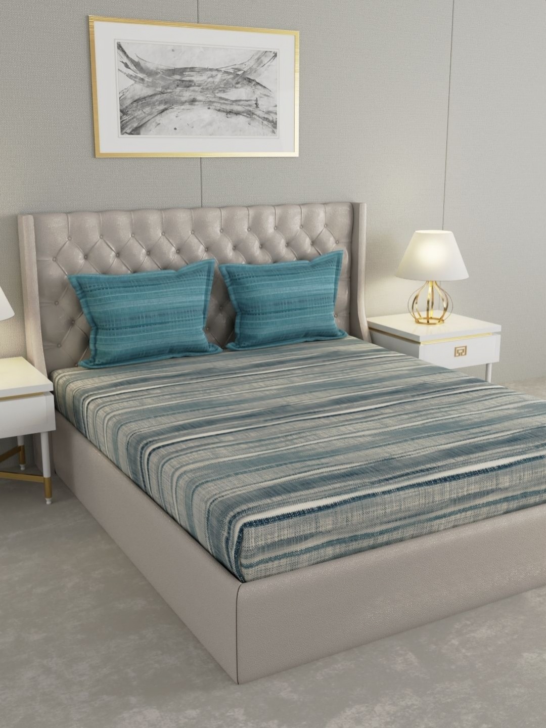 

Raymond Home Camphor Blue Printed Cotton 144 TC Queen Bedsheet With 2 Pillow Covers