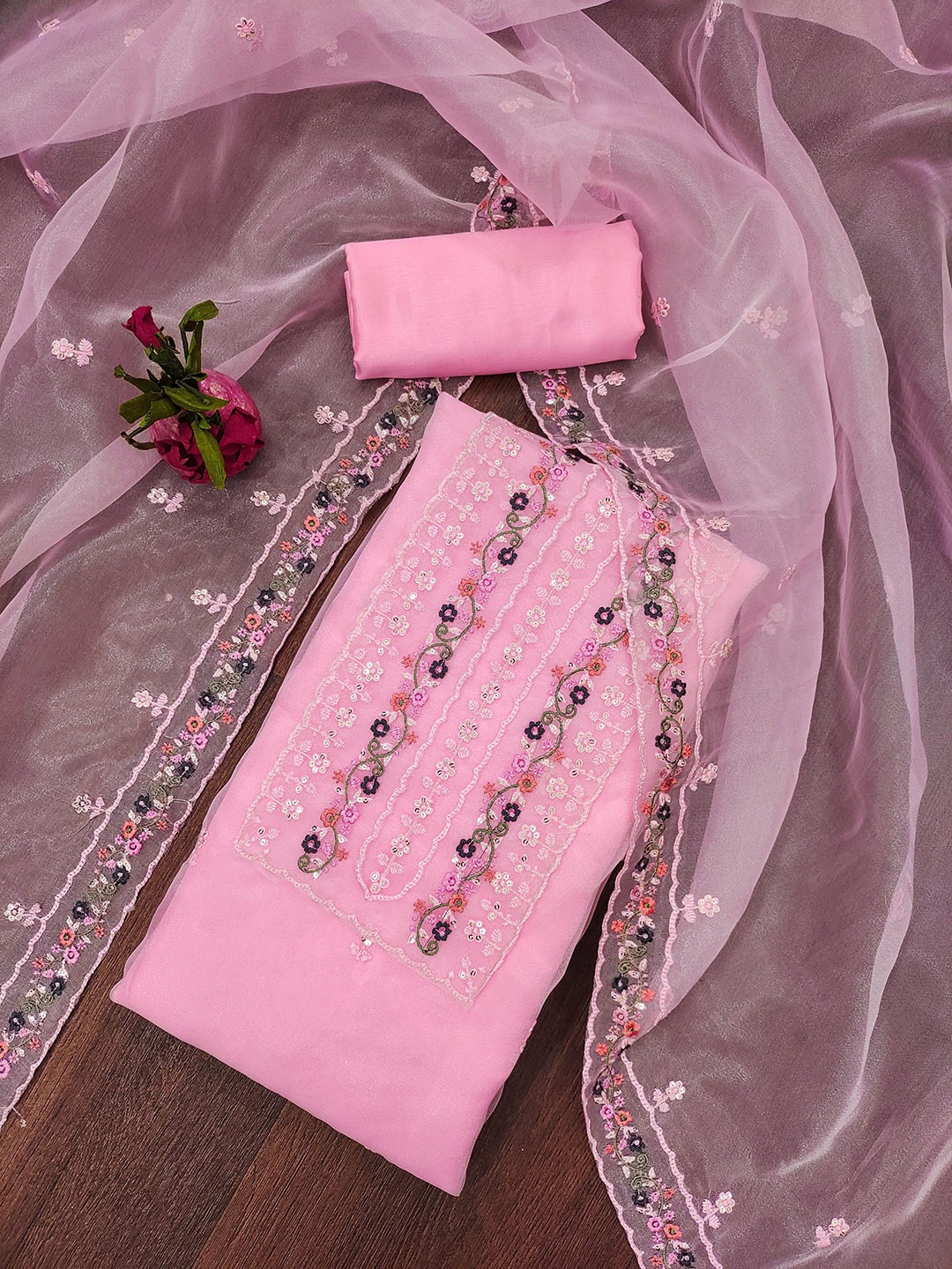 

Ishin Floral Embroidered Sequinned Organza Unstitched Dress Material, Pink