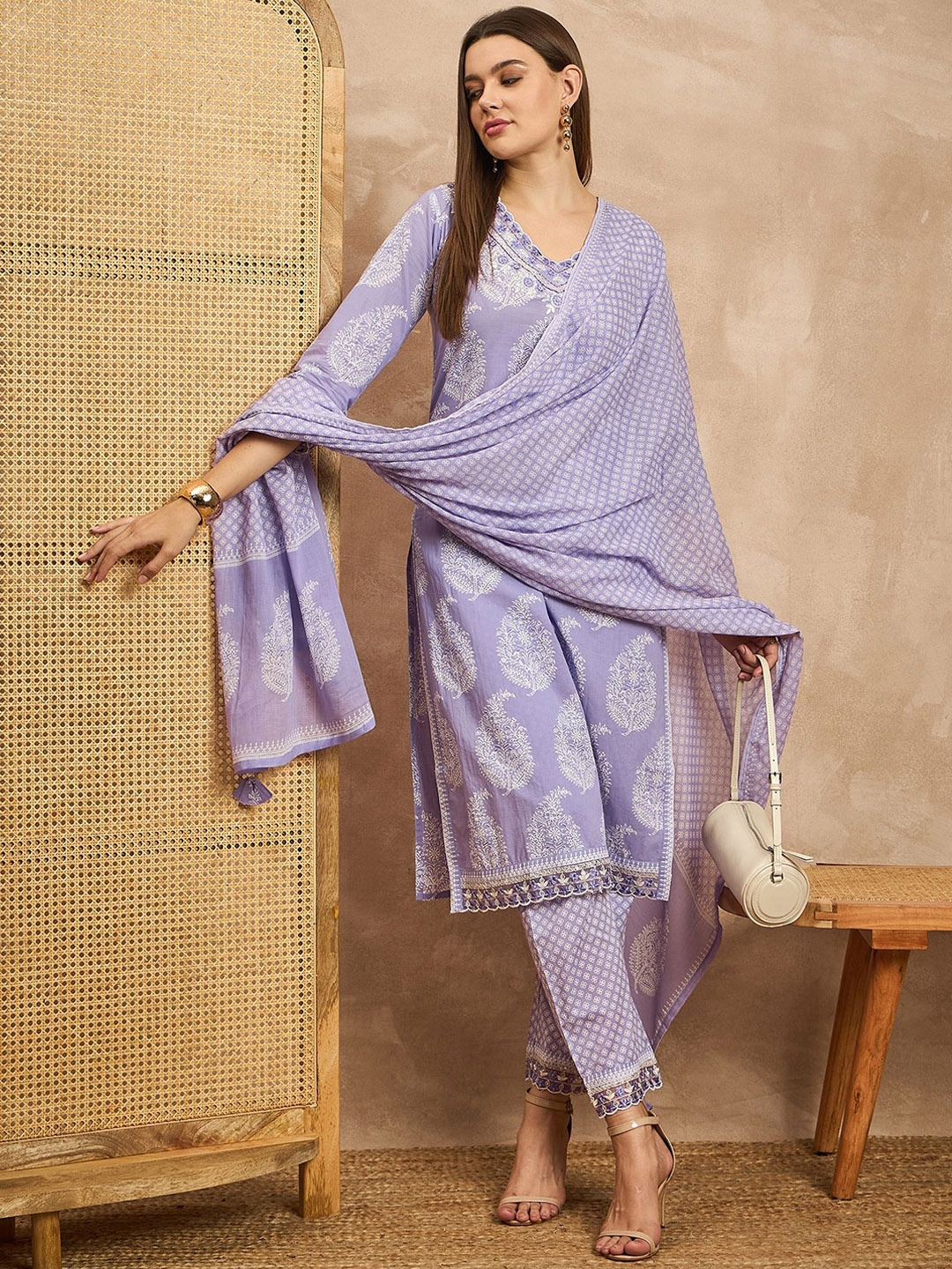 

all about you Printed Sequinned Pure Cotton Straight Kurta with Trousers & Dupatta, Purple