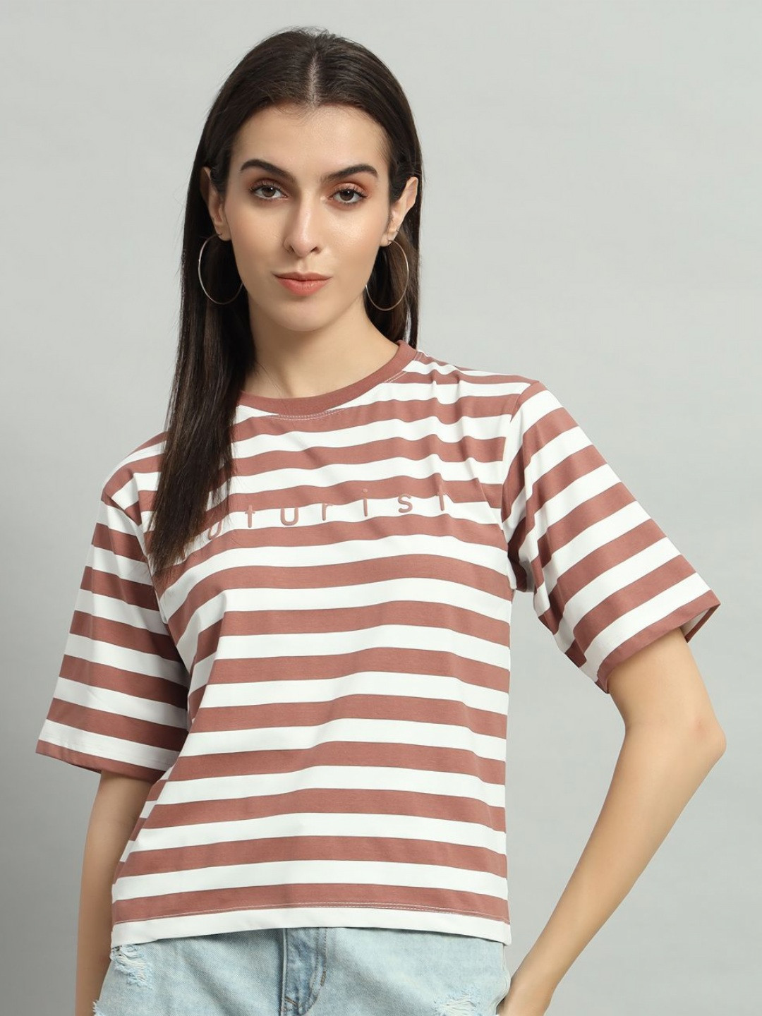

AECK Women Striped Round Neck Cotton Relaxed Fit T-shirt, Brown