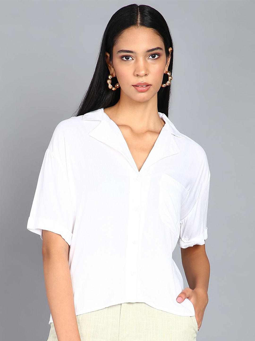 

SAFFE Women Solid Cuban Collar Cotton Top, White
