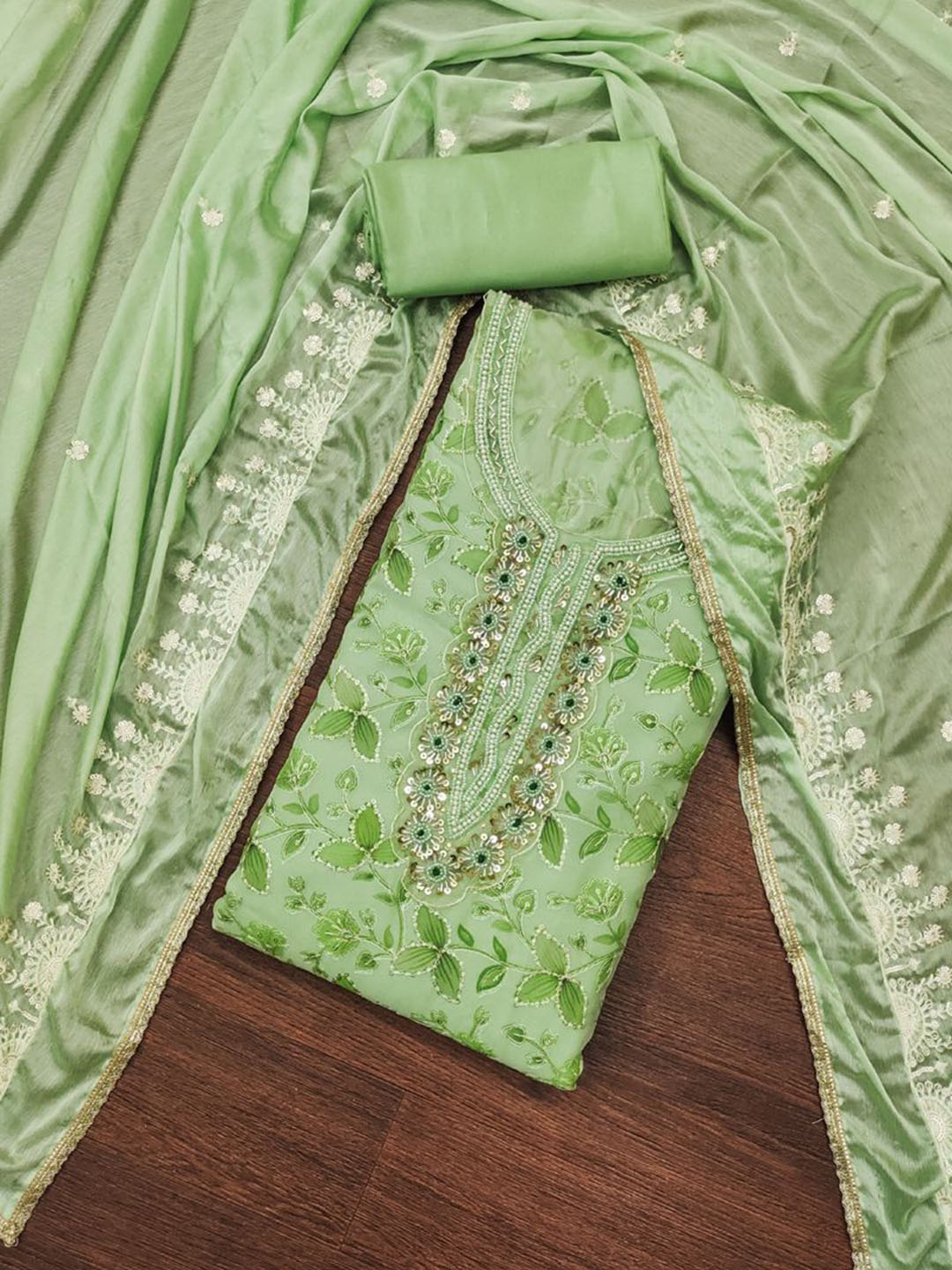 

ASISA Floral Printed Beaded & Stones Unstitched Dress Material, Green