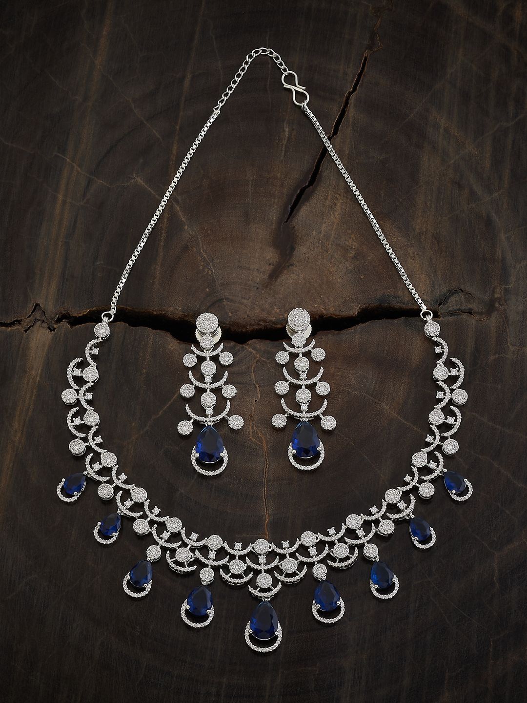 

Kushal's Fashion Jewellery Rhodium-Plated CZ-Studded Necklace and Earrings, Silver