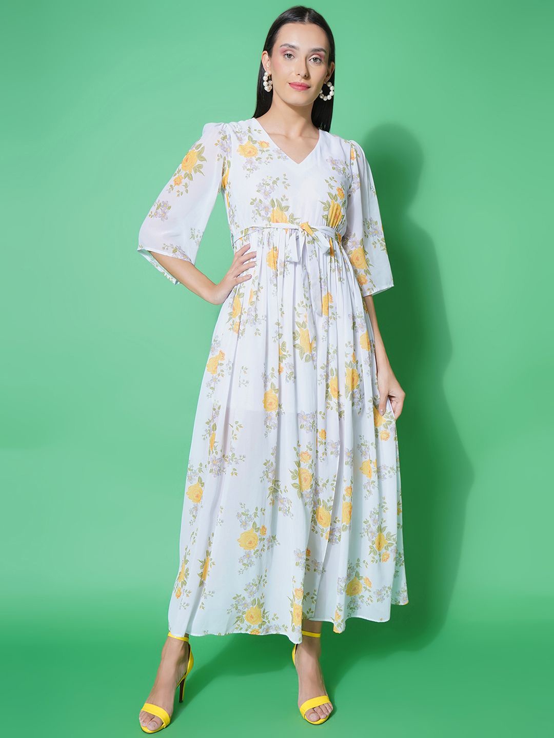 

BAESD Floral Print Flared Sleeve Georgette A-Line Midi Dress, White