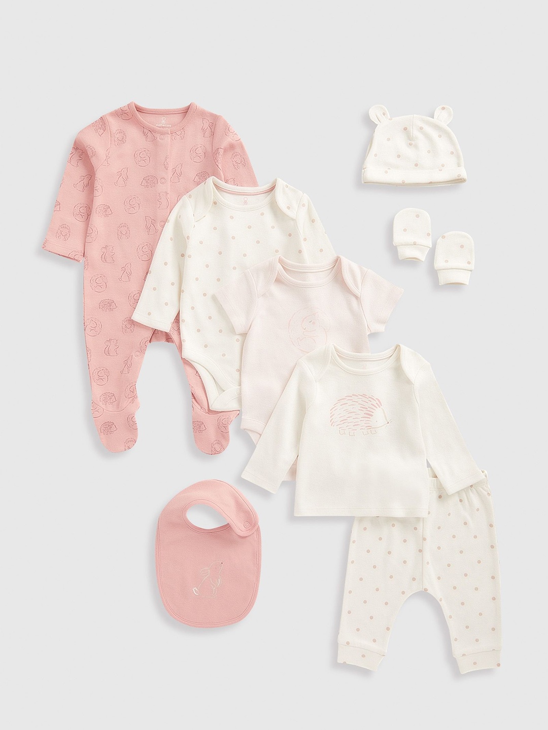 

mothercare Girls Pack Of 8 Printed Pure Cotton Baby Apparel Gift Set, Pink
