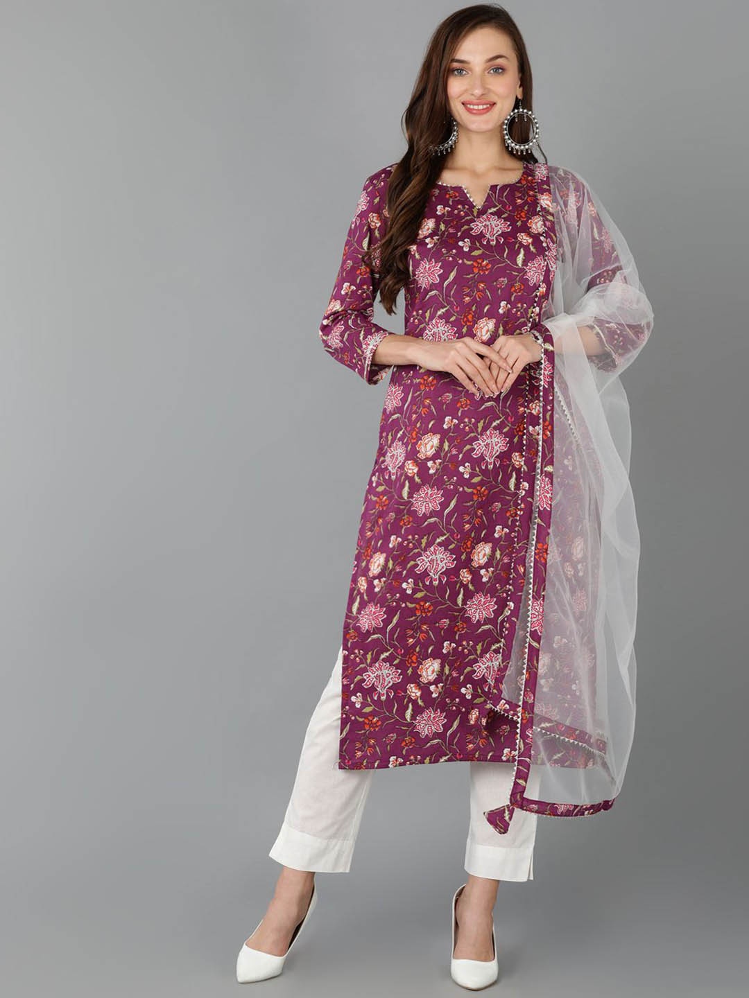 

KALINI Floral Printed Gotta Patti Kurta with Trousers & With Dupatta, Purple