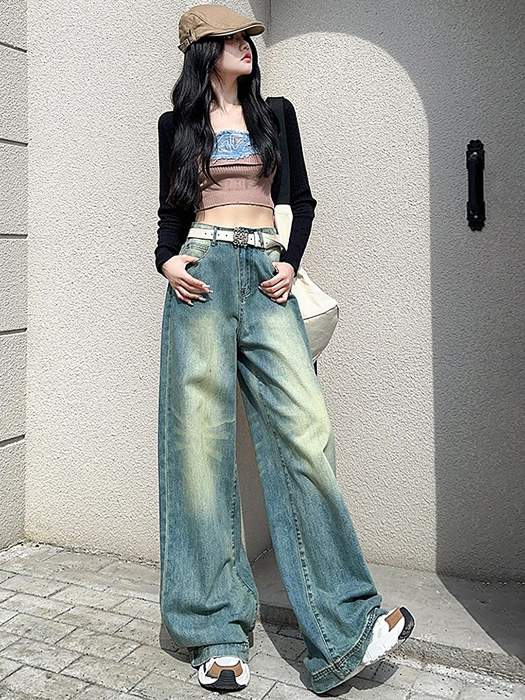 

LULU & SKY Women Wide Leg High-Rise Highly Distressed Heavy Fade Jeans, Blue