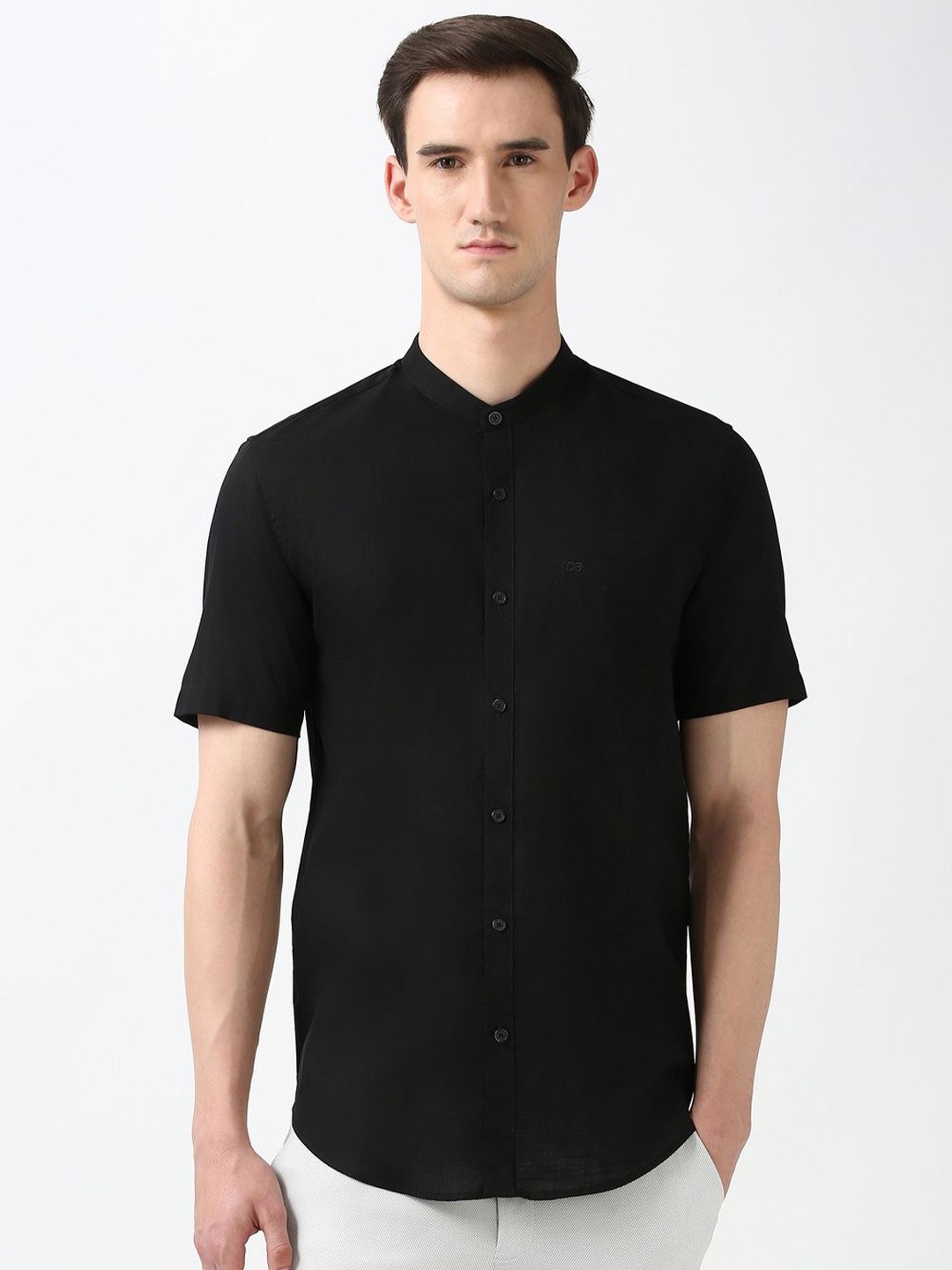 

Peter England Casuals Men Band Collar Solid Cotton Slim Fit Casual Shirt, Black