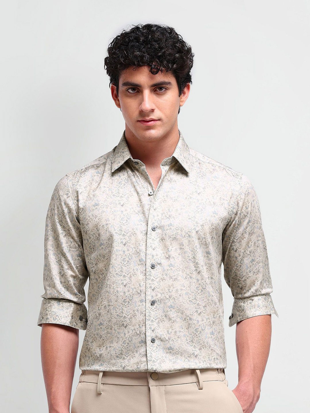 

Arrow New York Men Comfort Spread Collar Abstract Printed Cotton Slim Fit Formal Shirt, Brown