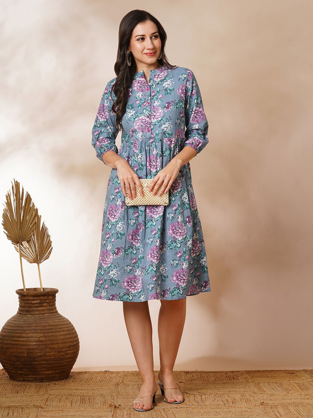

KAMI KUBI Women Floral Printed Mandarin Collar Fit & Flare Midi Dress, Grey