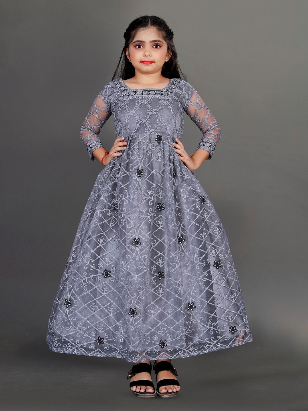 

LADY SHOPI Girls Floral Embroidered Round Neck Maxi Dress, Grey