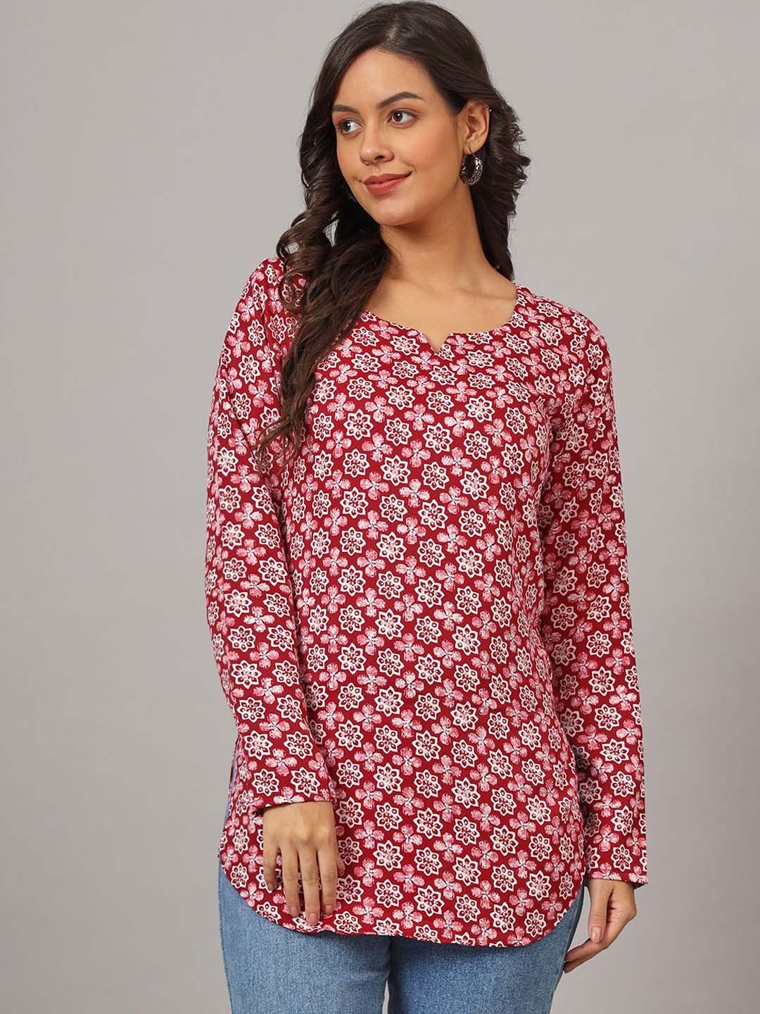 

DHAKRE FASHION Floral Printed Round Neck Silk A-Line Kurti, Maroon