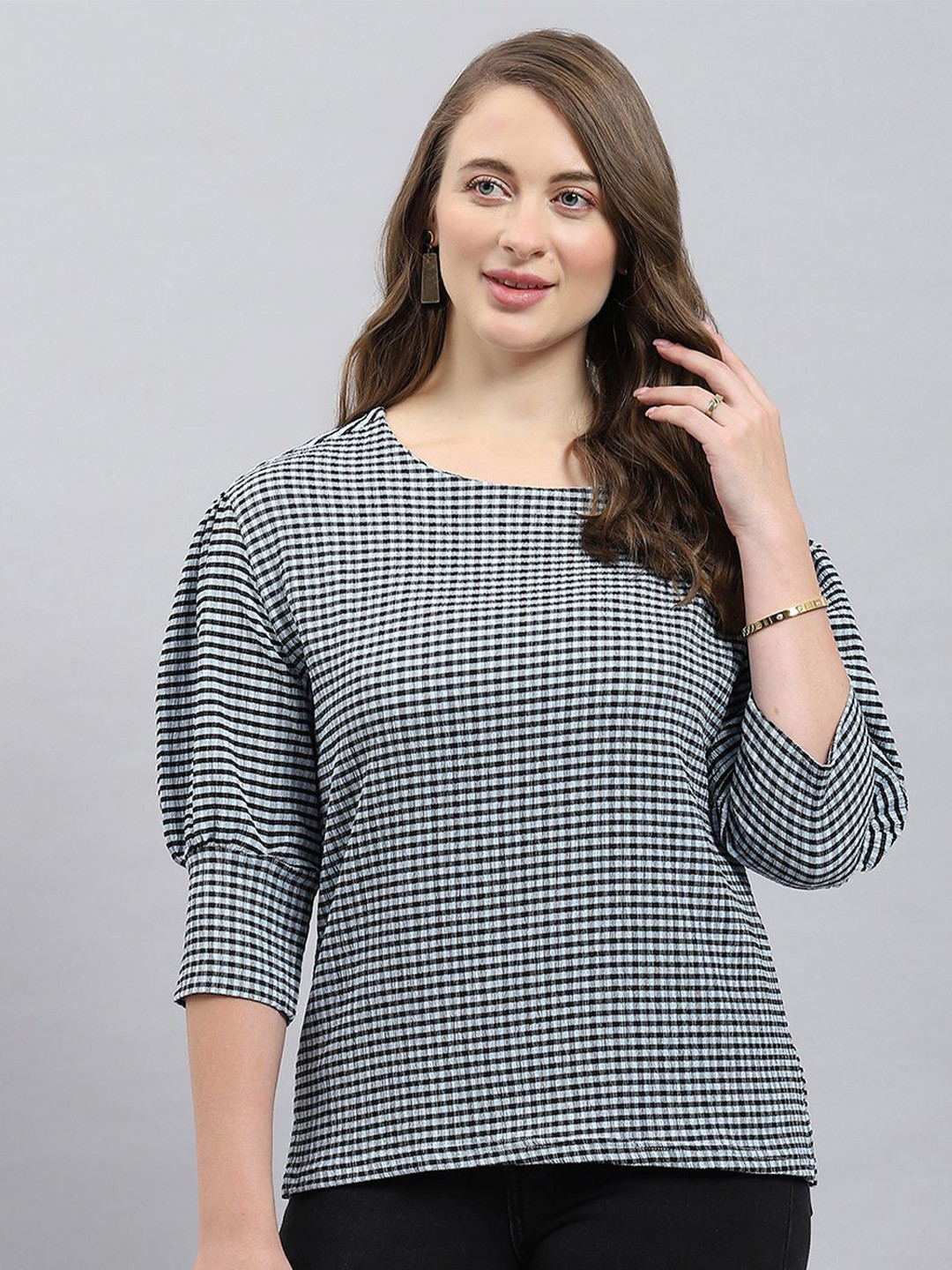 

Monte Carlo Women Checked Round Neck Top, Black