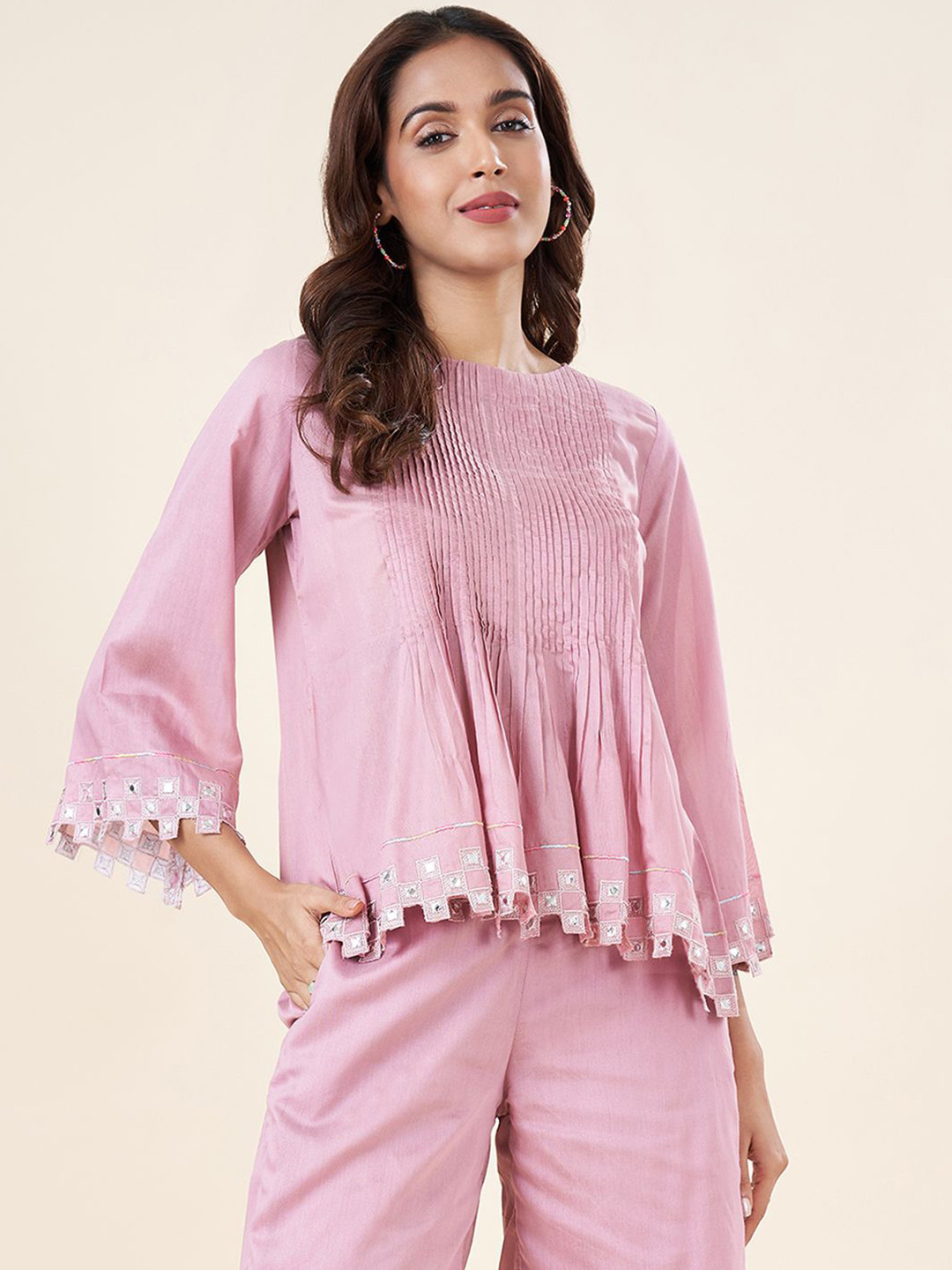 

AKKRITI BY PANTALOONS Women Self Design Round Neck Top, Pink