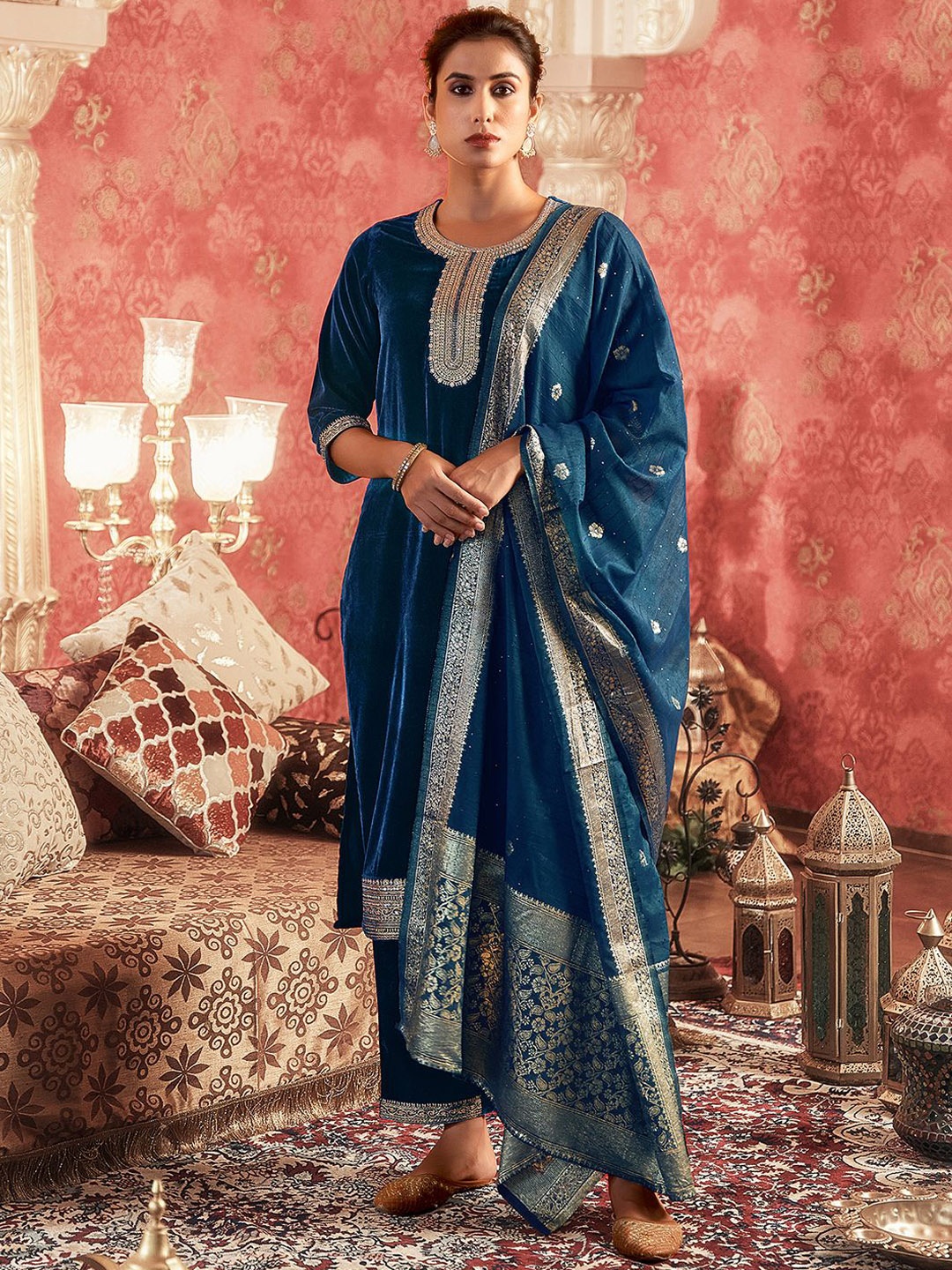 

SKYLEE Blue Ethnic Motifs Embroidered Sequinned Velvet Kurta & Trousers With Dupatta