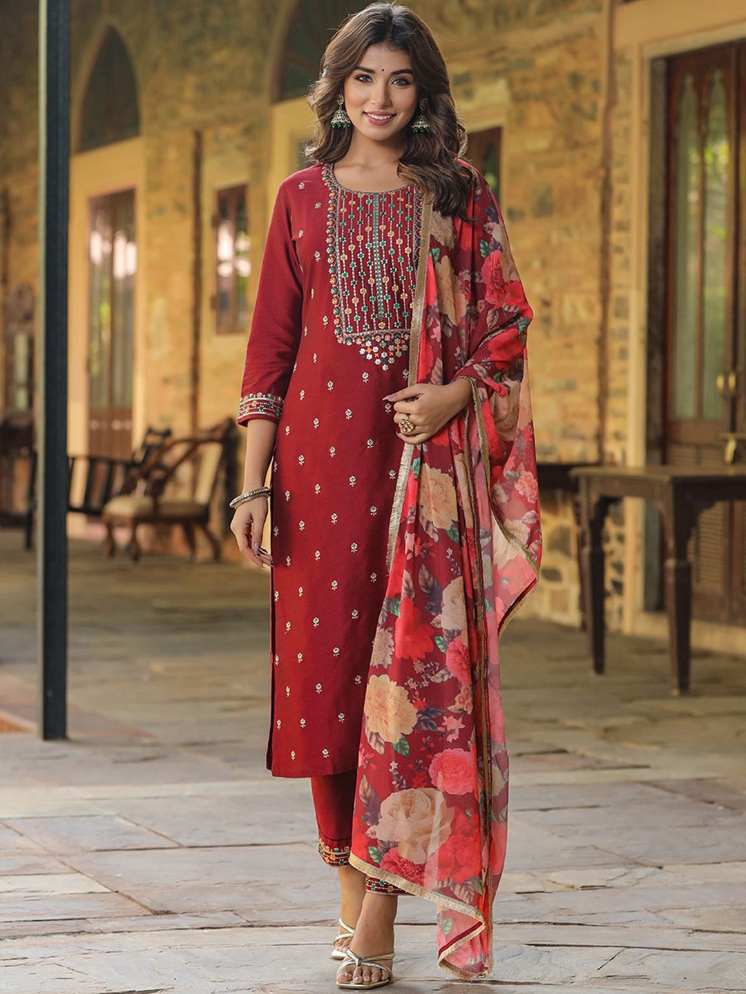 

KALINI Floral Embroidered Sequinned Kurta with Trousers & Dupatta, Maroon