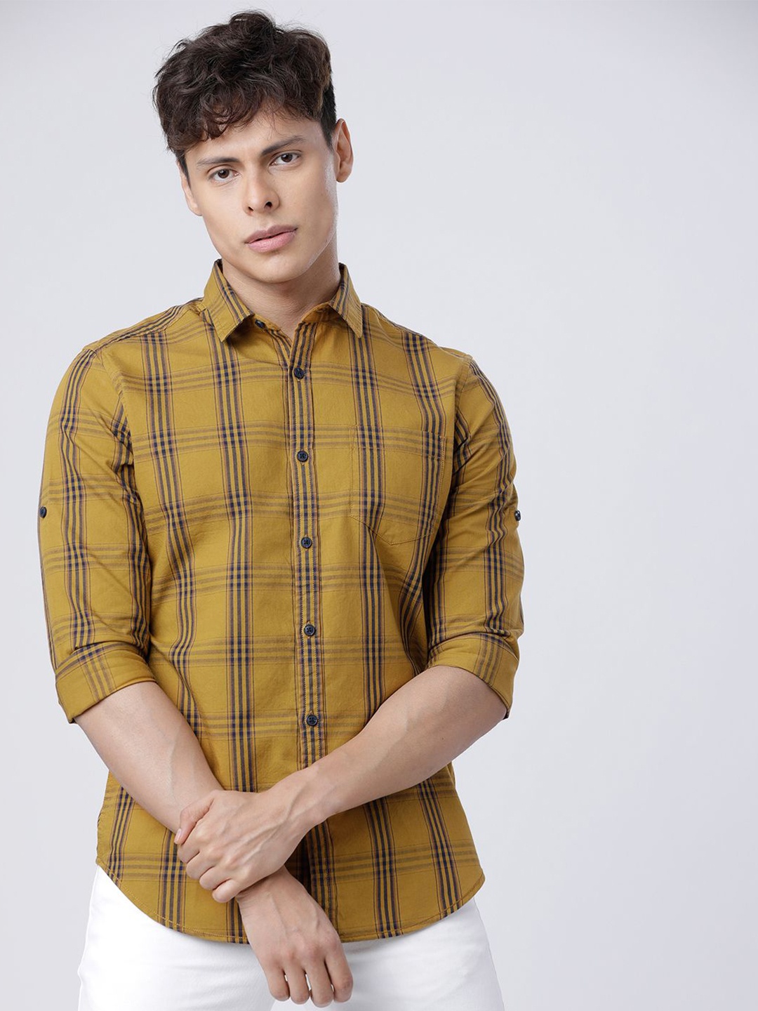 

LOCOMOTIVE Men Premiums Checked Casual Slim Fit Shirt, Mustard