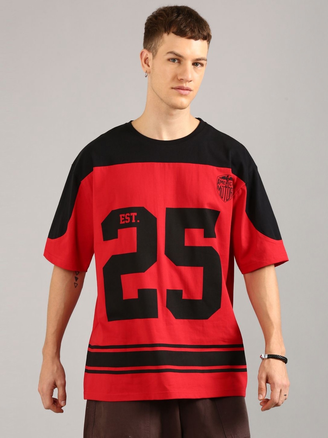 

Joven Men Varsity Printed Round Neck Cotton Oversized T-shirt, Black