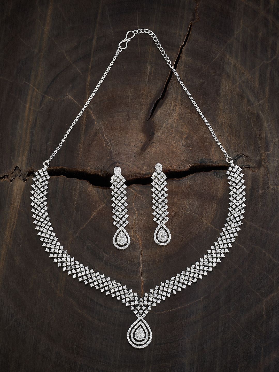 

Kushal's Fashion Jewellery Rhodium-Plated Copper Cubic Zirconia Studded Jewellery Set, Silver