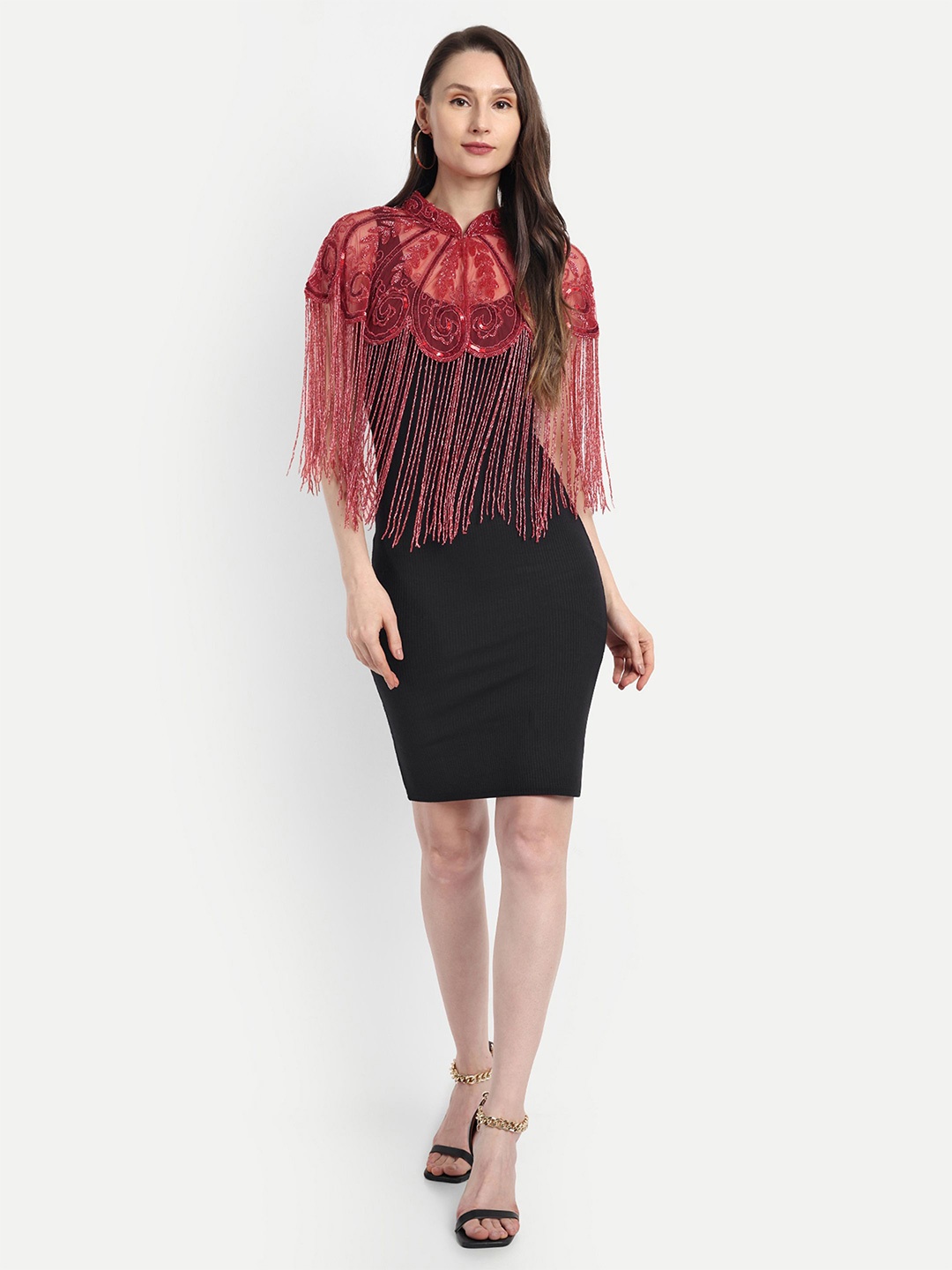 

HAUTEMODA Embellished Beads Cape Poncho, Red