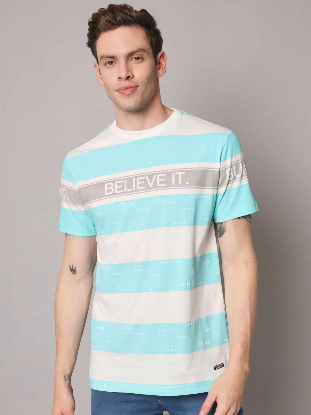 

URBAN TRAIL Men Striped Round Neck Cotton T-shirt, White