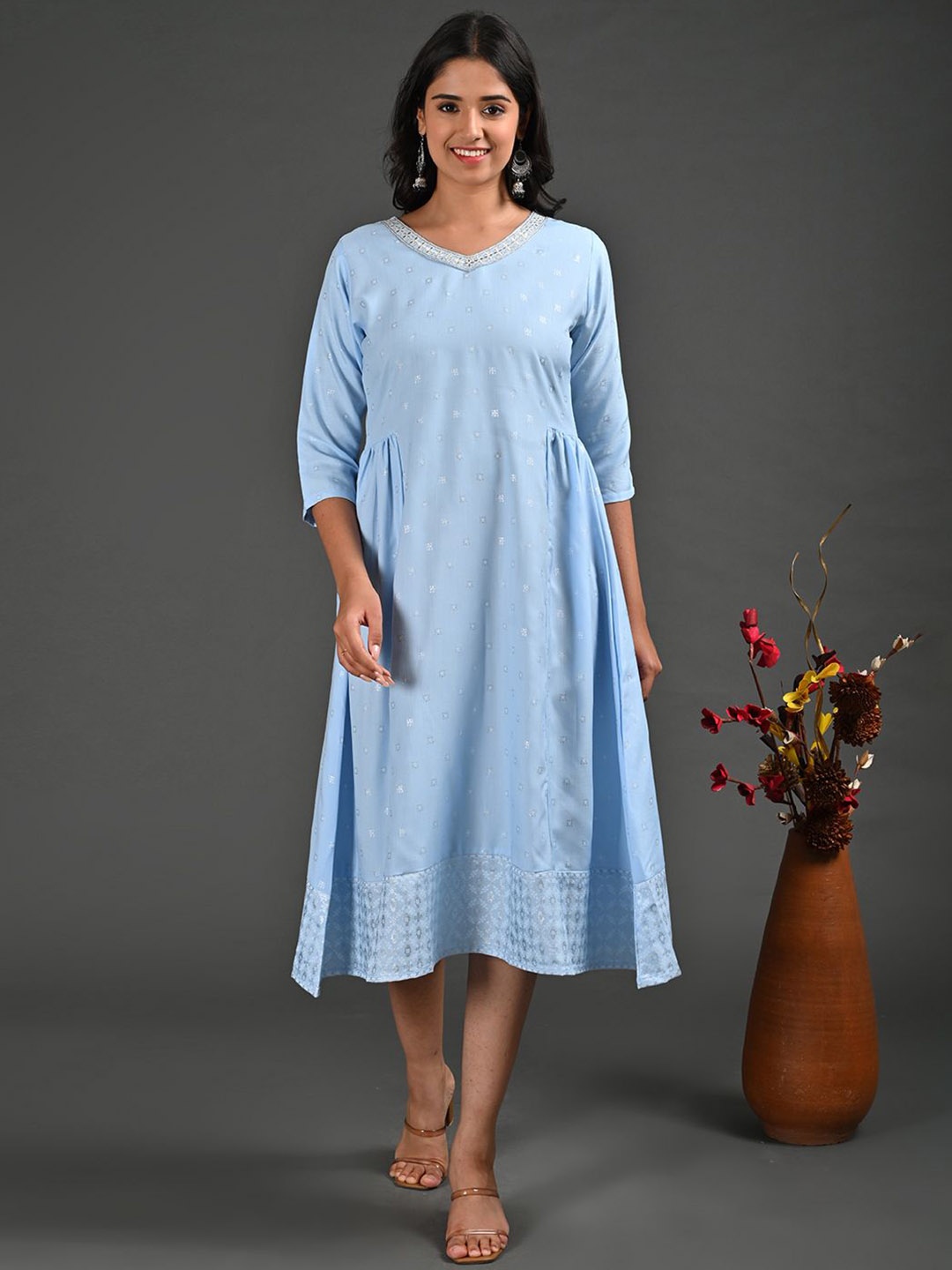 

GOLDSTROMS Floral Printed V-Neck A-Line Ethnic Dress, Blue
