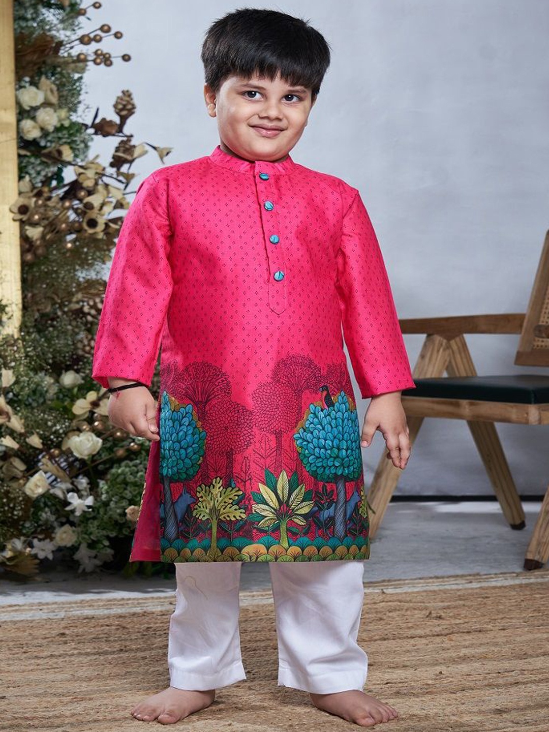 

Vivedkids Boys Floral Printed Mandarin Collar Regular Pure Cotton Kurta With Pyjamas, Pink