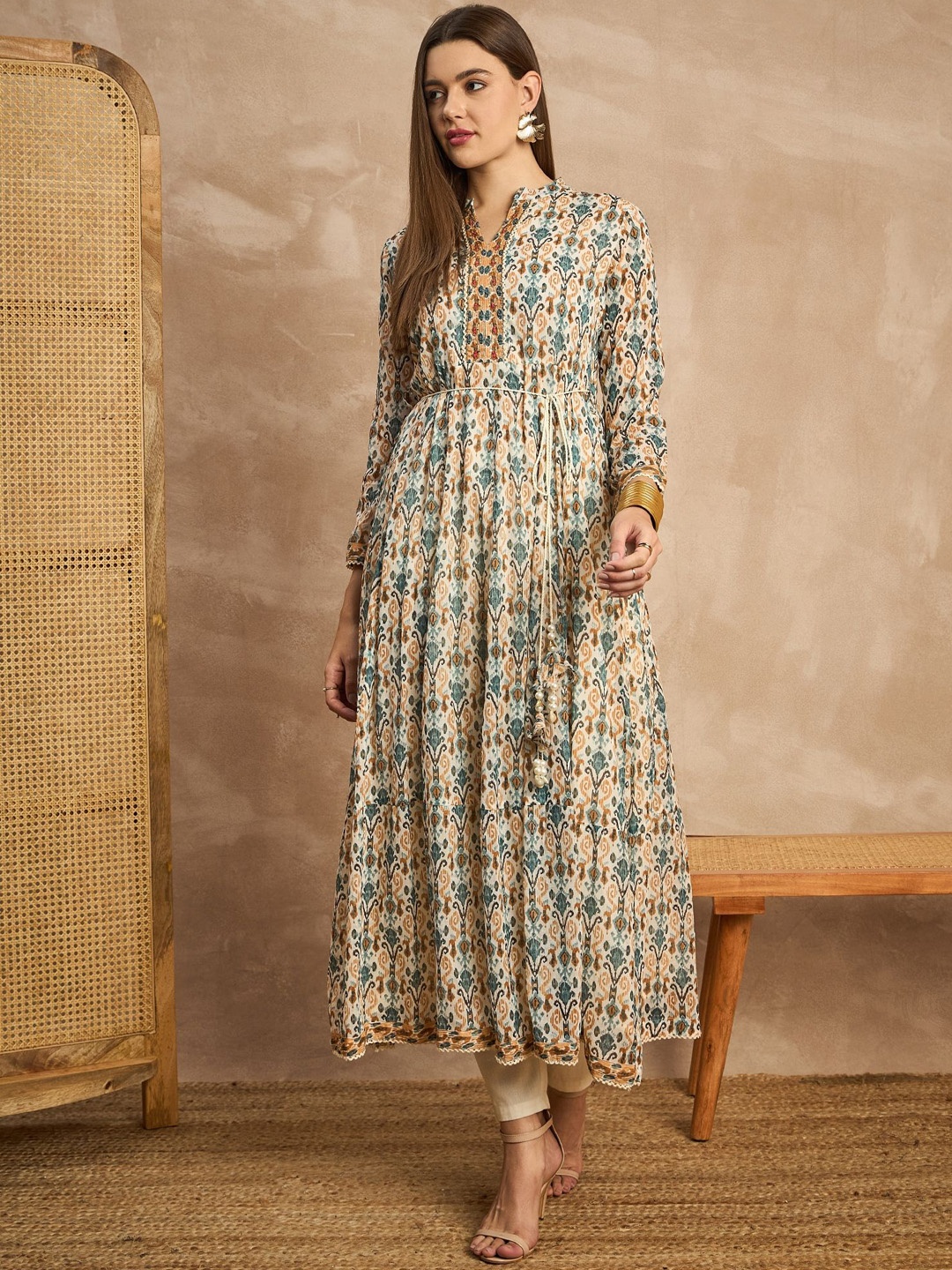

all about you Women Printed Mandarin Collar Maxi Ethnic Dress, White