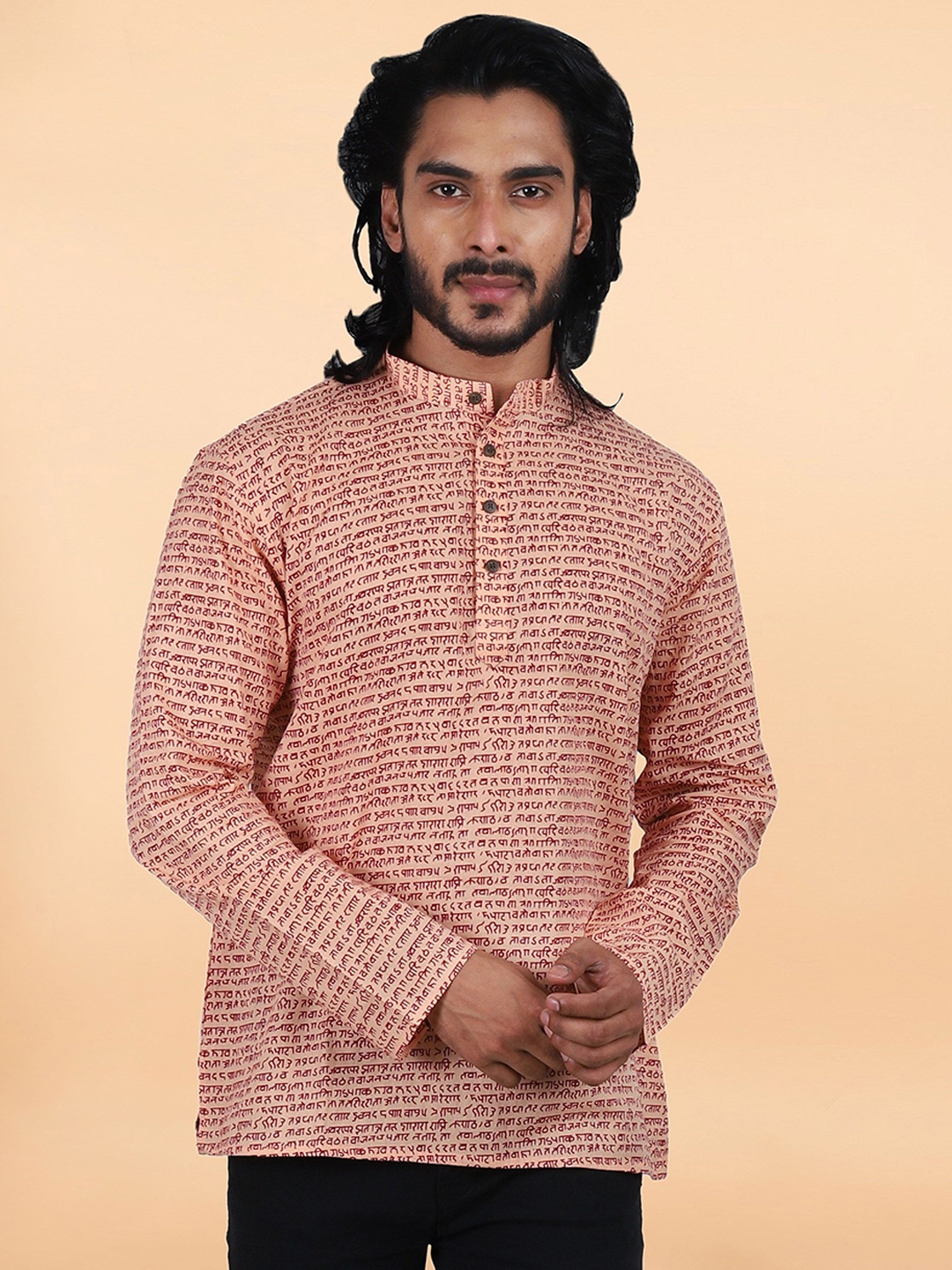 

ETHNIC FACTORY Typography Printed Mandarin Collar Cotton Straight Short Kurta, Peach