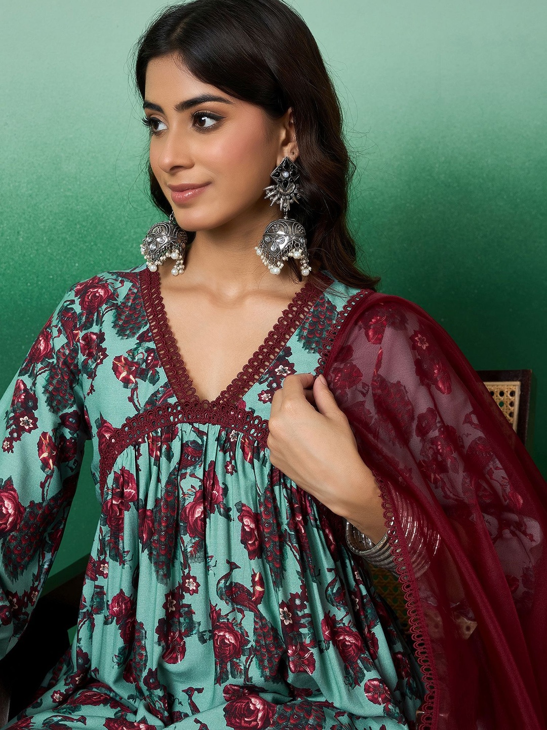 

Sangria Floral Printed Anarkali Kurta With Trousers & Dupatta, Teal