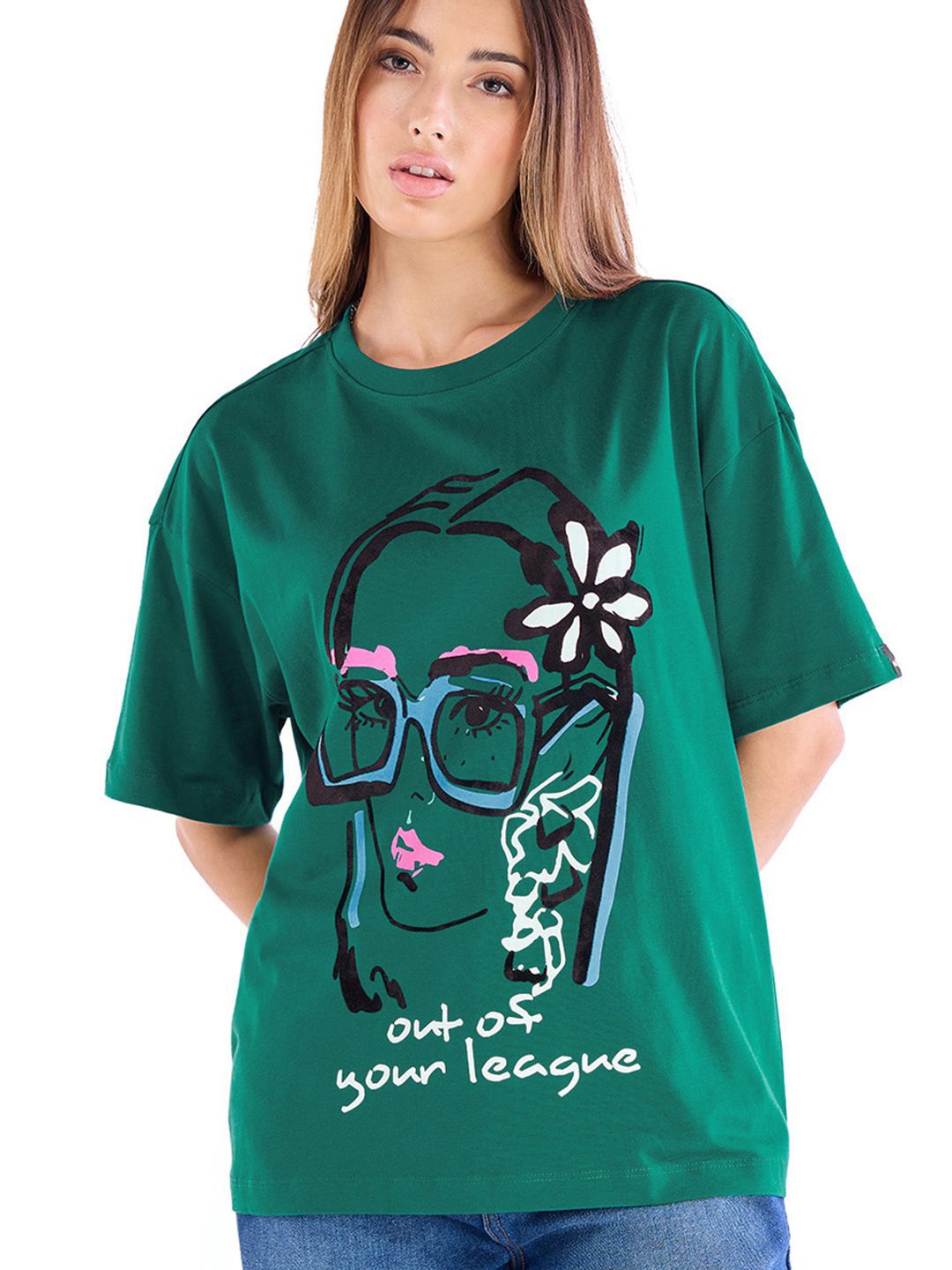 

Bewakoof Women Graphic Printed Round Neck Pure Cotton Oversized T-shirt, Green