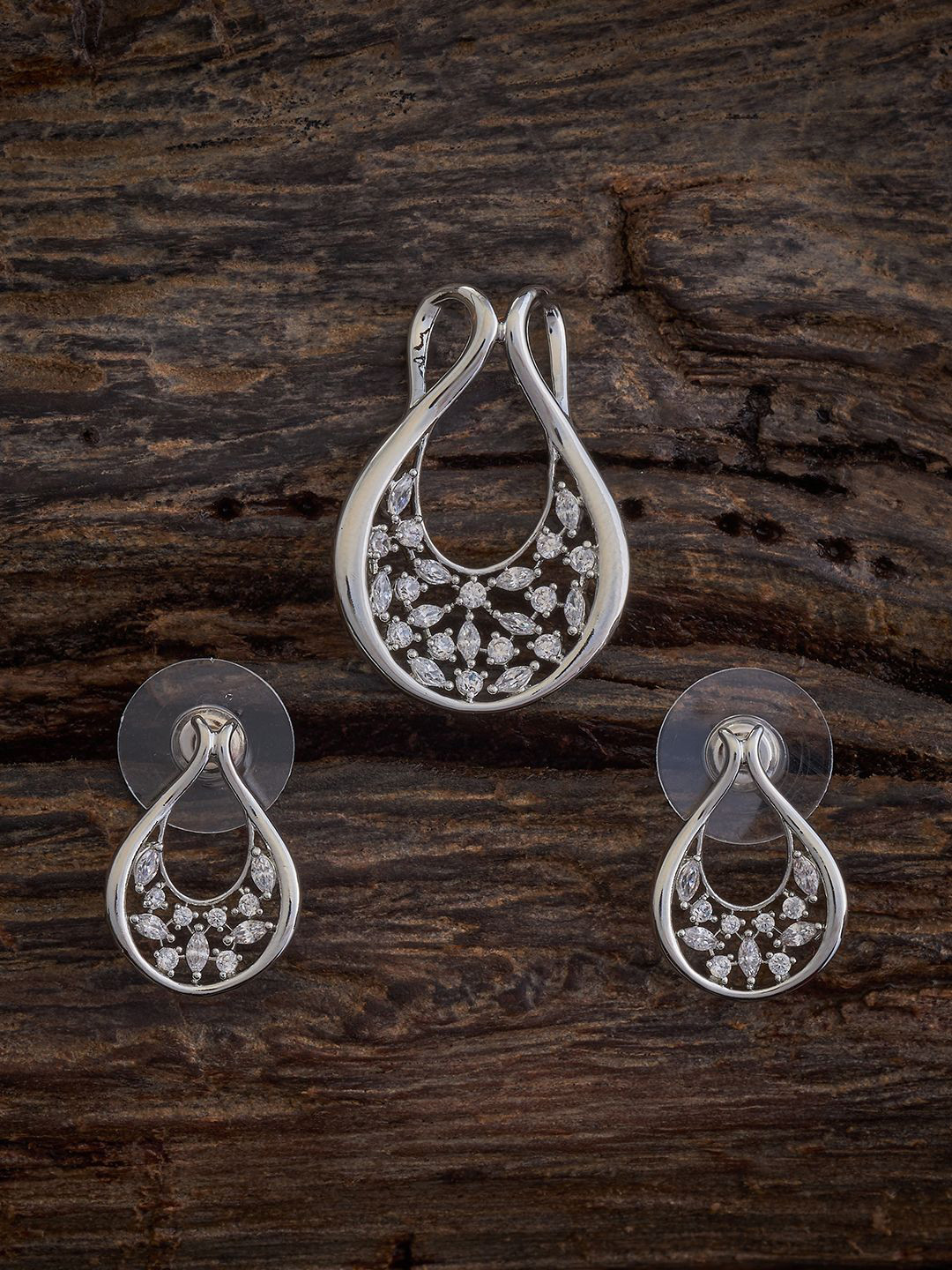 

Kushal's Fashion Jewellery Rhodium-Plated Cubic Zirconia Studded Pendant Set, Silver