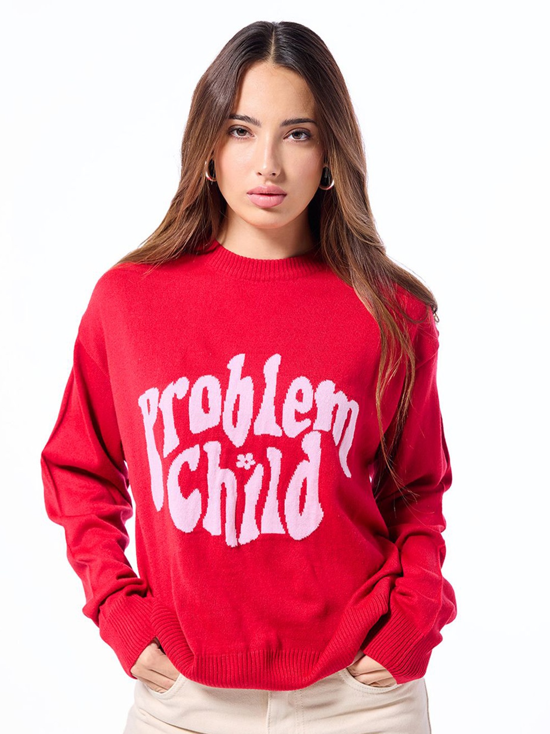 

Bewakoof Women Printed Loose Fit Pullover, Red