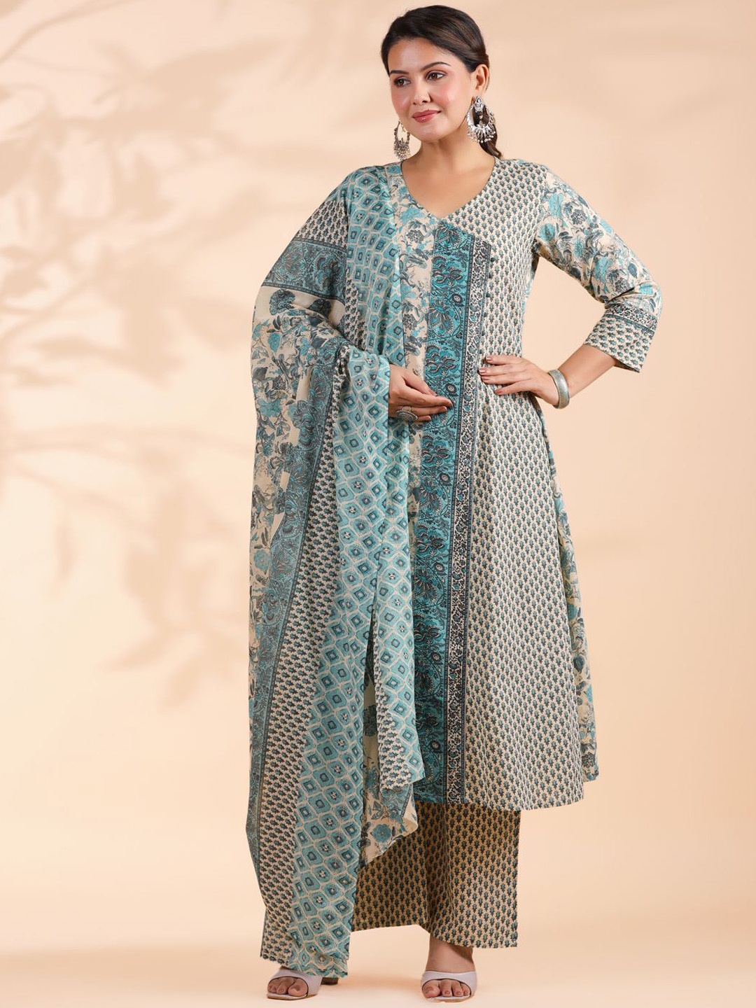 

Vbuyz Floral Printed Angrakha Pure Cotton A-Line Kurta with Palazzo & Dupatta, Beige