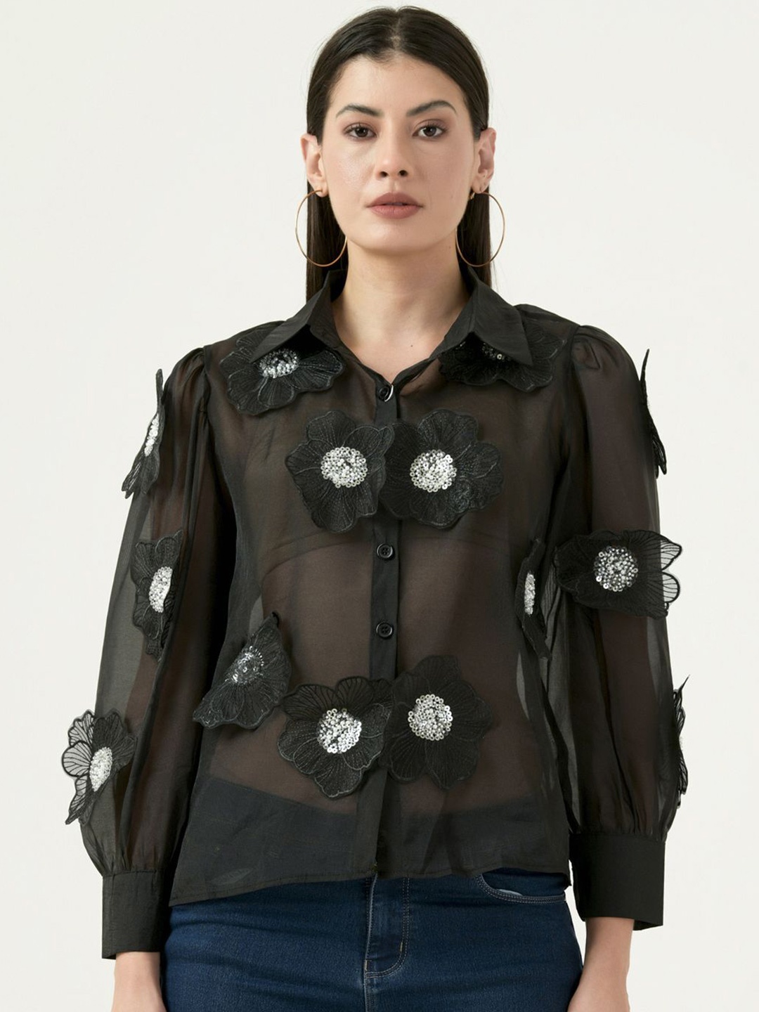 

Albion By CnM Women Floral Printed Shirt Collar Top, Black