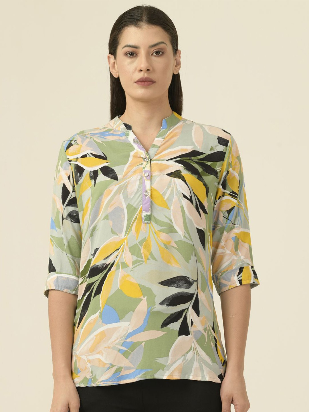 

Albion By CnM Women Tropical Printed Mandarin Collar Top, Green