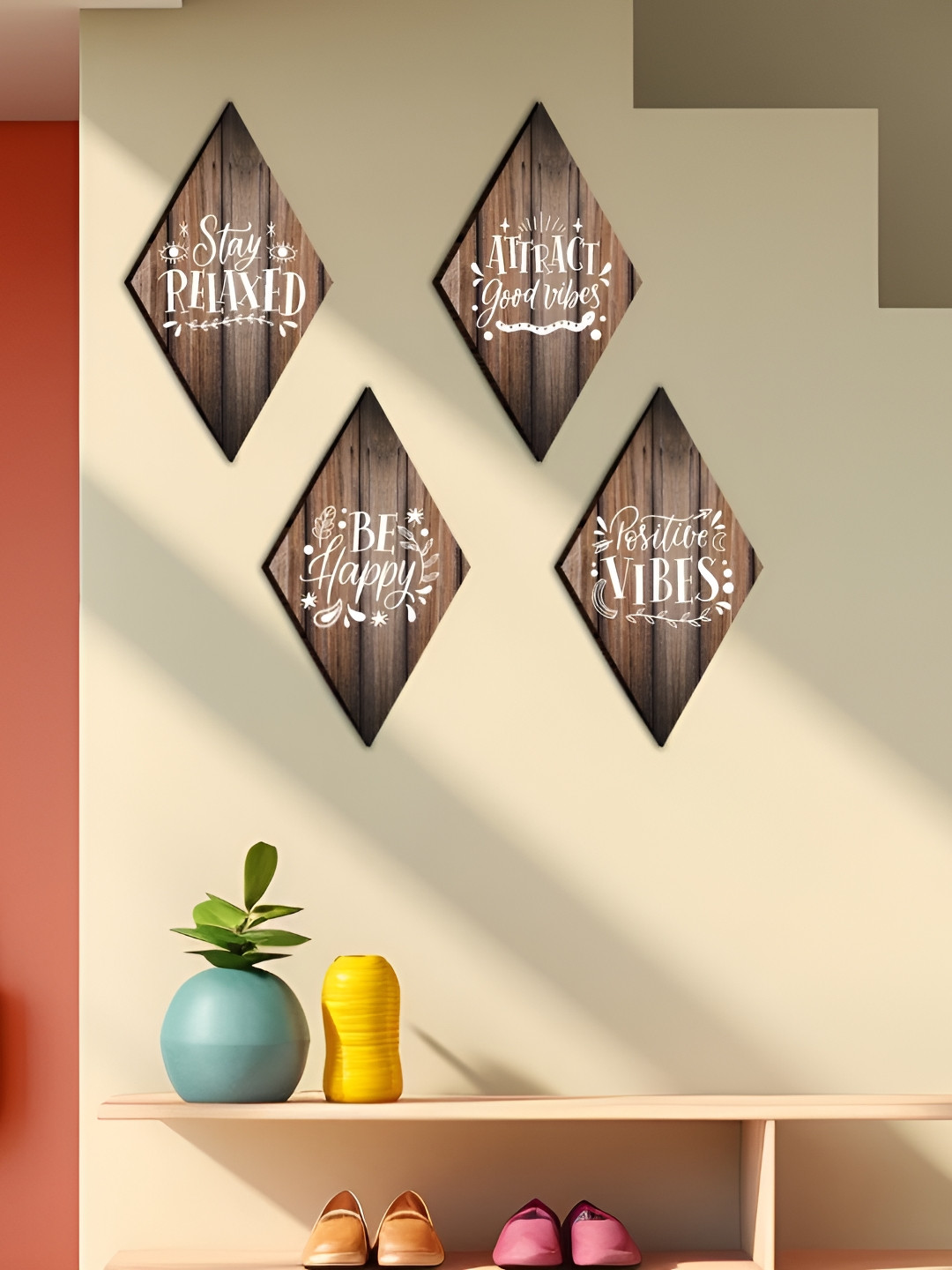 

CVANU Brown & White 4 Pieces Printed Wooden Wall Hangings