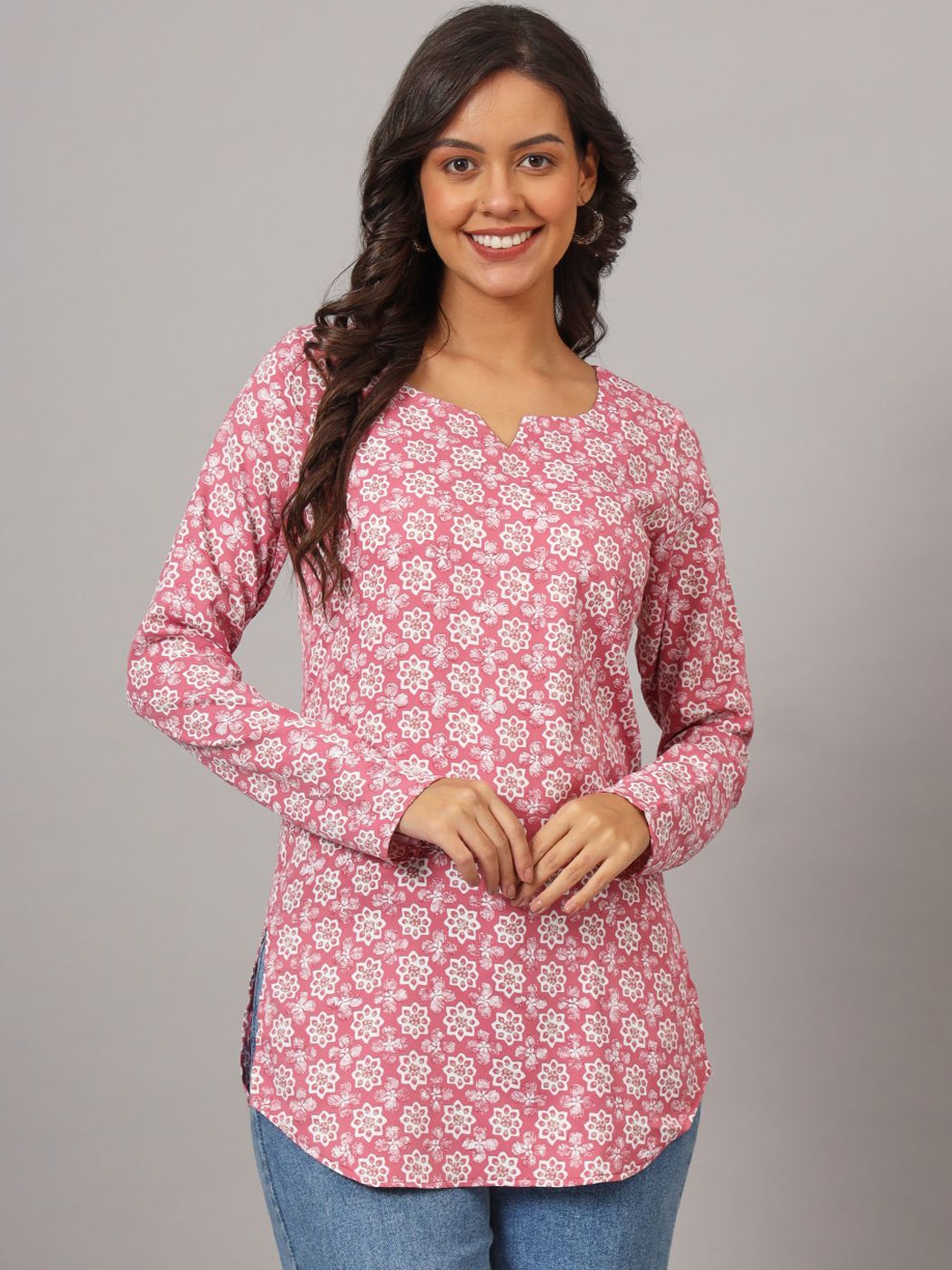 

DHAKRE FASHION Floral Printed Long Sleeves Pure Silk Kurti, Pink