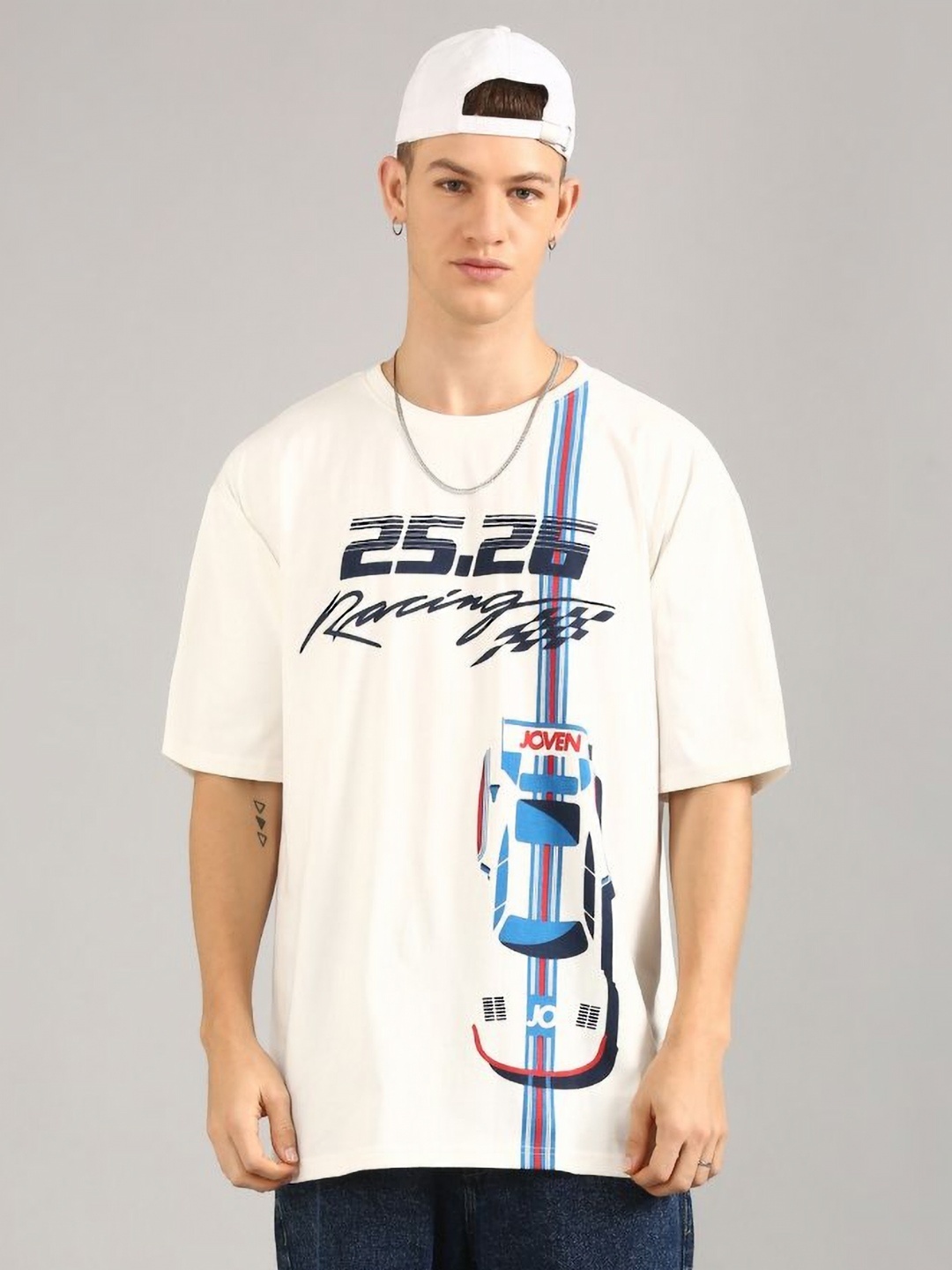 

Joven Men Typography Printed Round Neck Cotton Oversized T-shirt, White