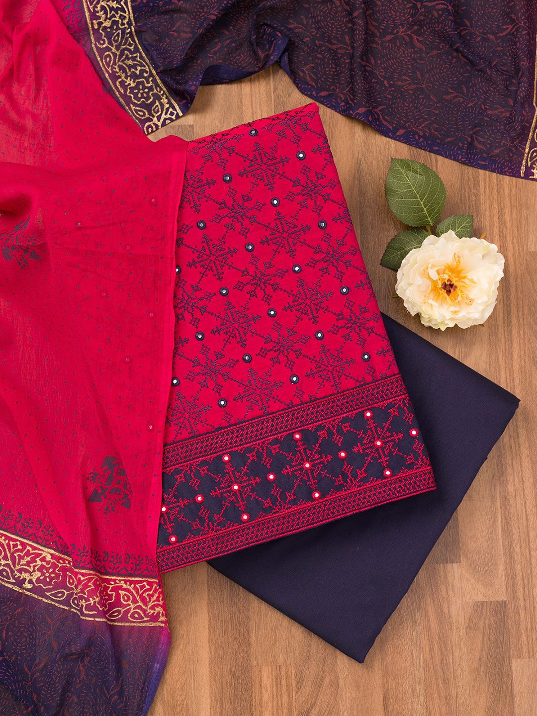 

Koskii Ethnic Motifs Embroidered Zari Work Unstitched Dress Material, Pink