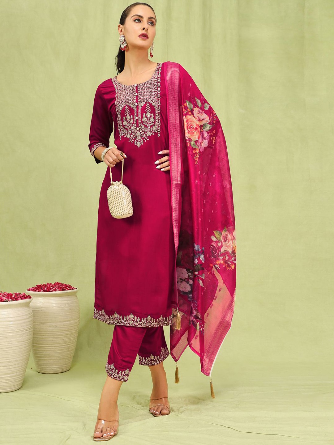

VredeVogel Floral Yoke Design Sequinned Straight Kurta with Trousers & Dupatta, Pink